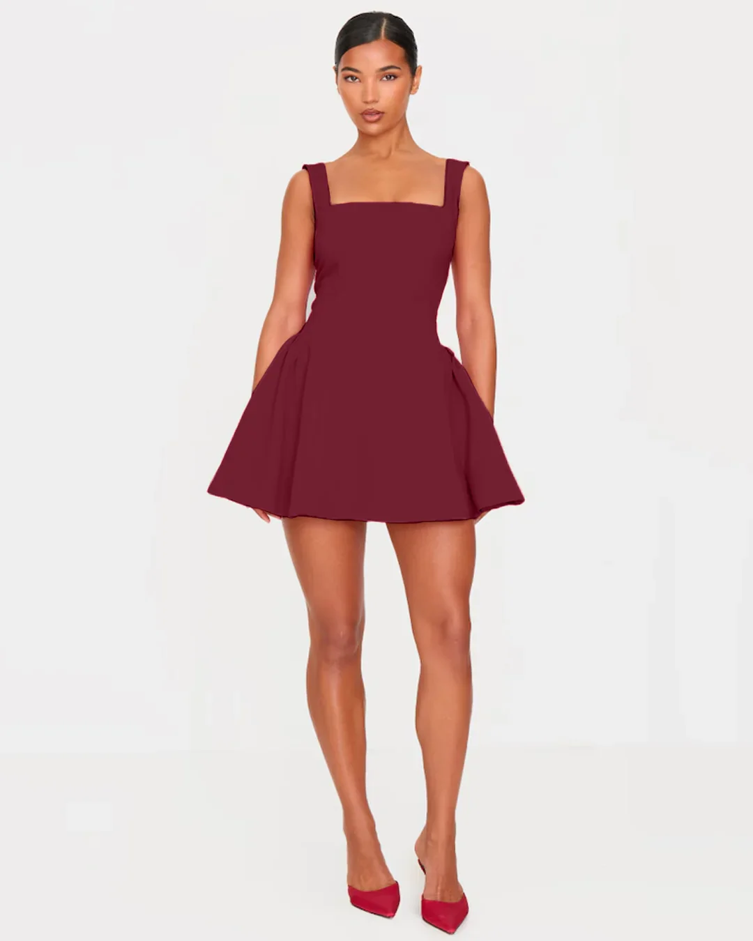 Square Neck Fit & Flare Mini Dress in Burgundy - Image 2
