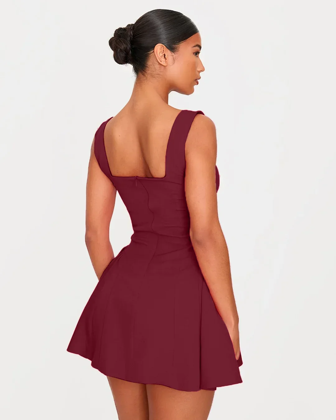 Square Neck Fit & Flare Mini Dress in Burgundy - Image 3