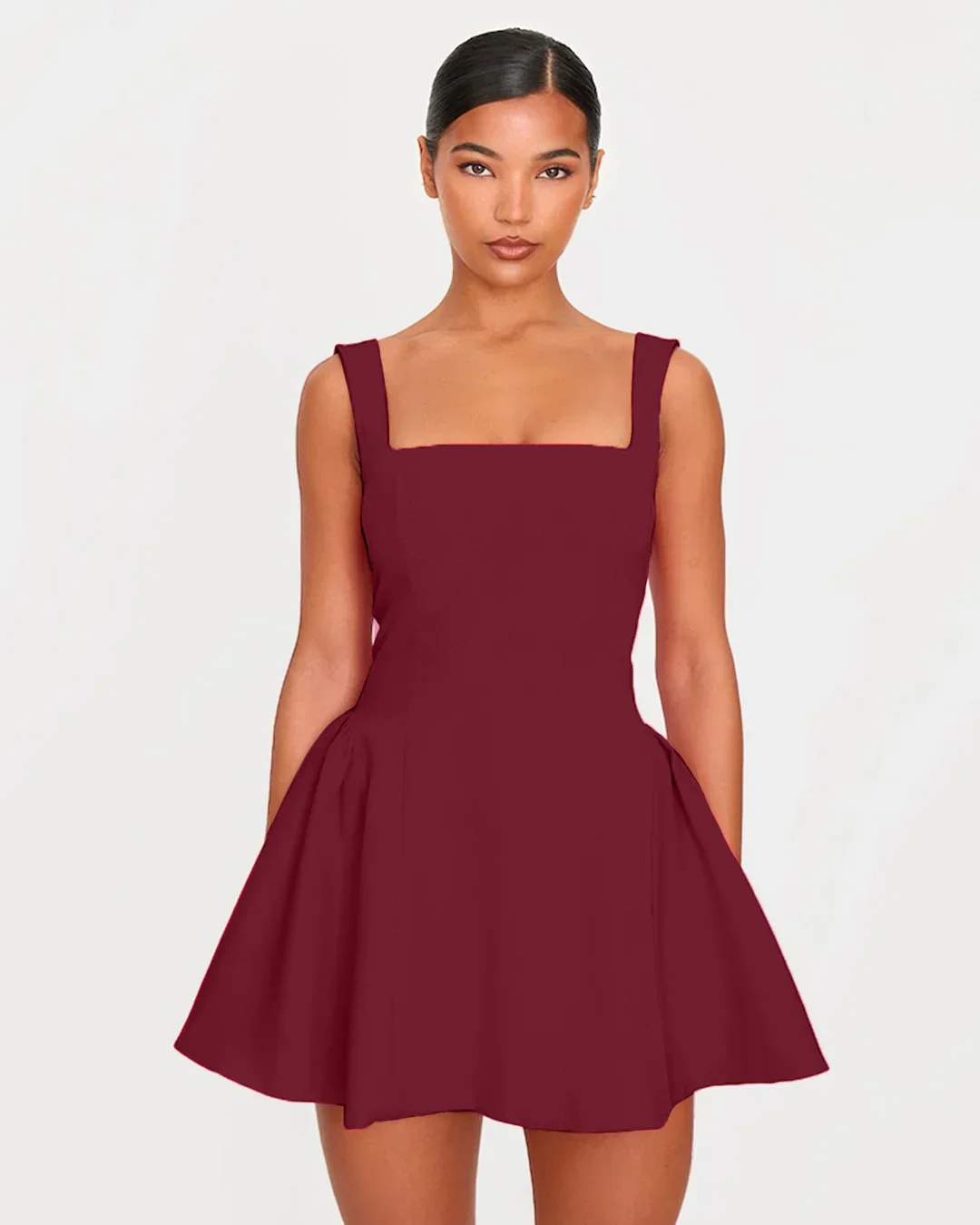 Square Neck Fit & Flare Mini Dress in Burgundy - Image 4
