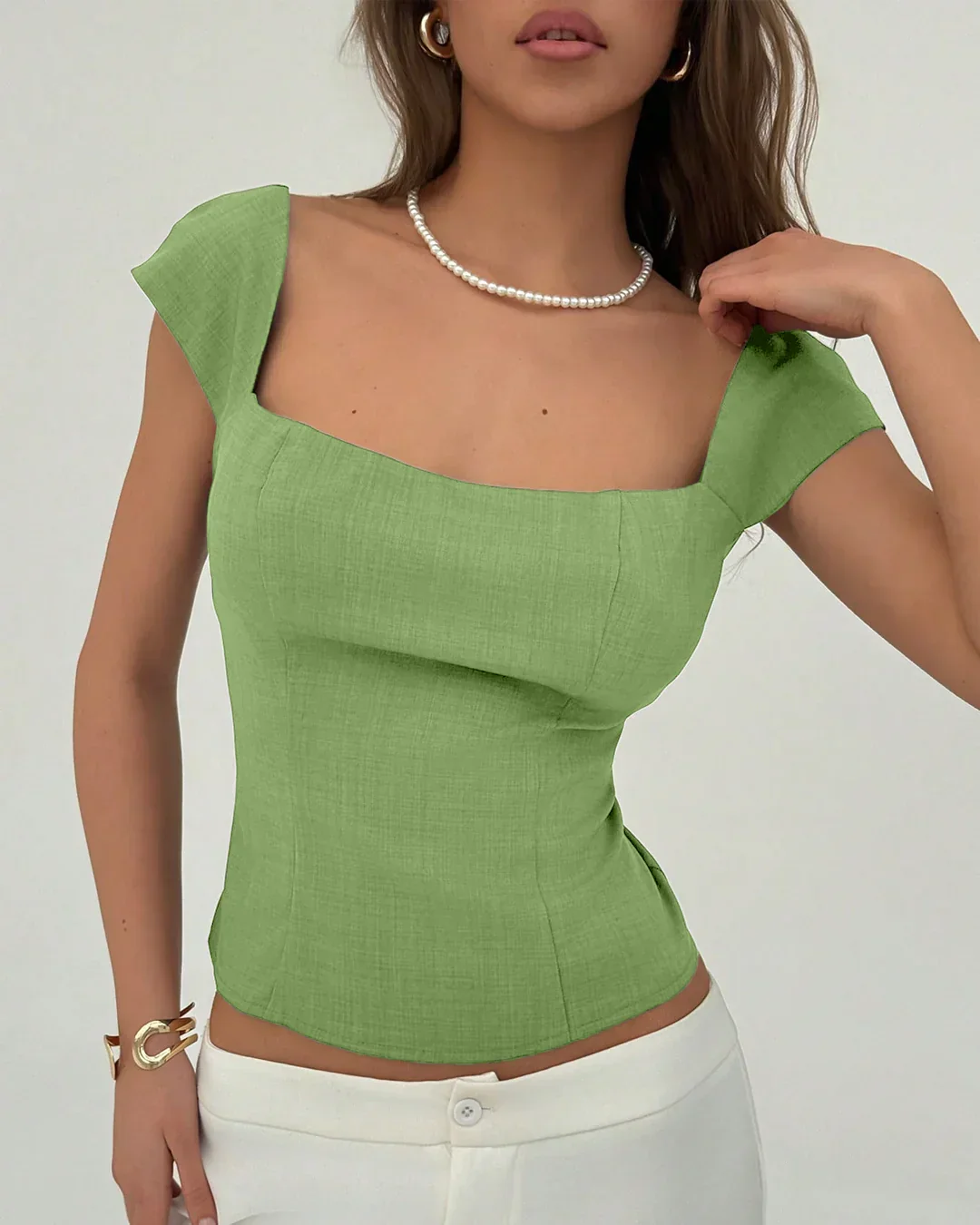 Casual Square Neck Slim Fit Solid Top in Green