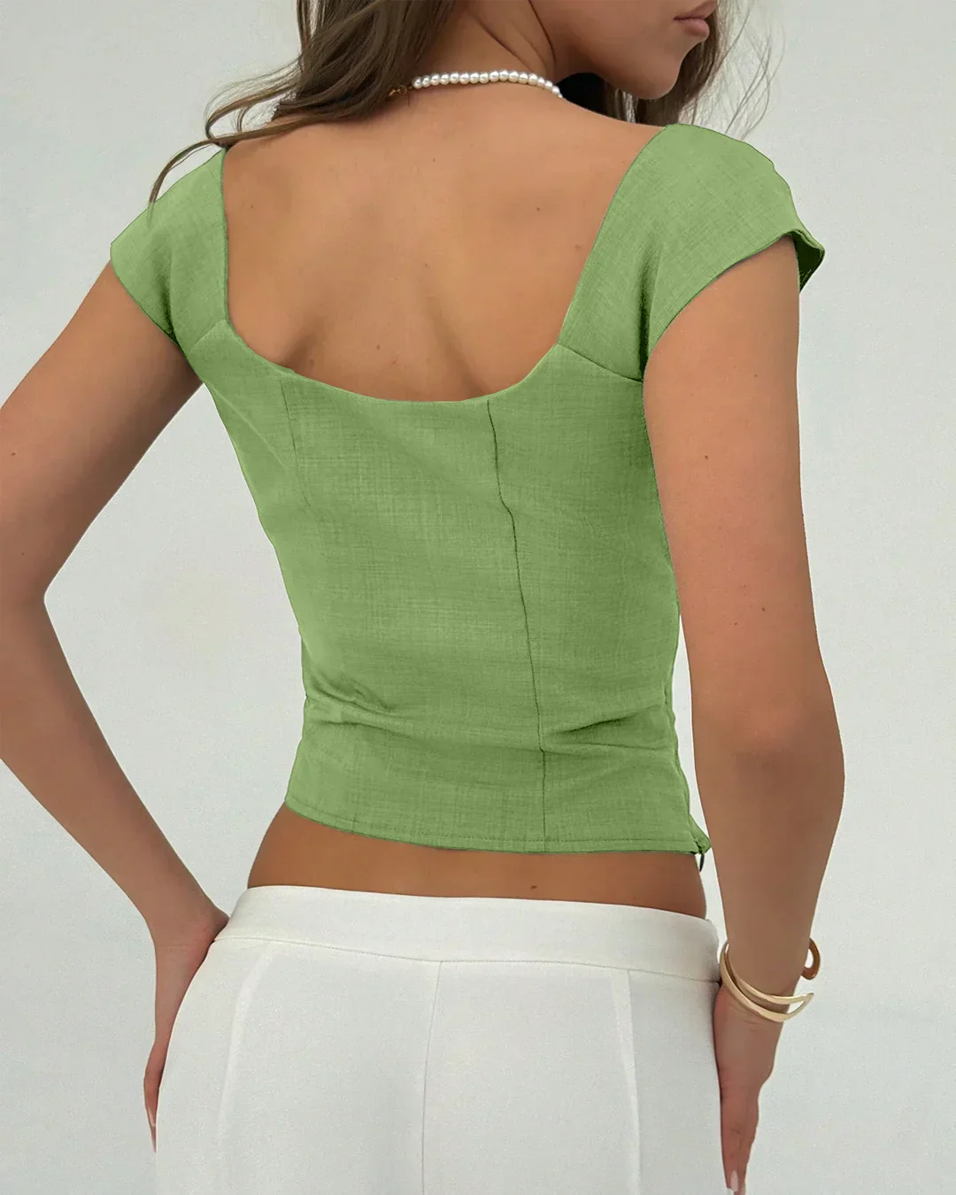 Casual Square Neck Slim Fit Solid Top in Green - Image 2