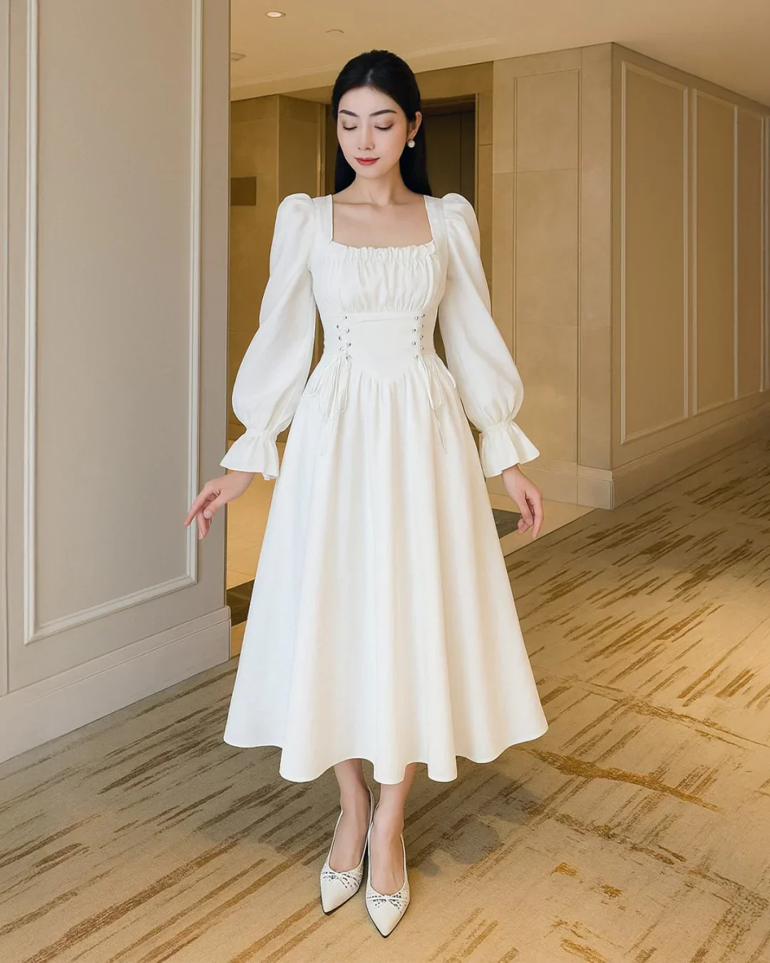 Long Sleeve Corset Waist Vintage Midi Dress in White - Image 2