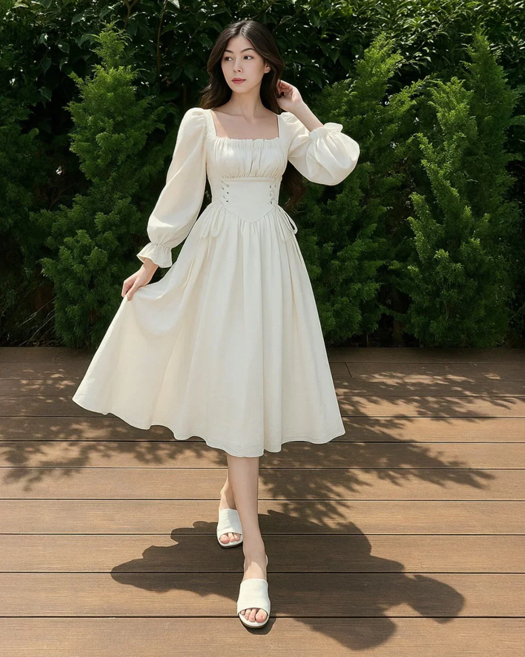 Square Neck Flare Sleeve Lace Up Waist Ruched Bust Vintage Dress In Cream - Image 2