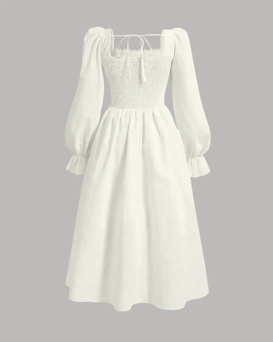 Square Neck Flare Sleeve Lace Up Waist Ruched Bust Vintage Dress In Cream - Image 3
