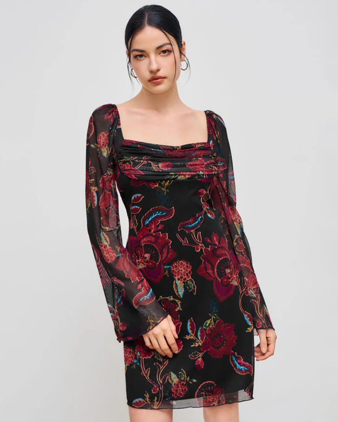 Square Neck Floral Lettuce Trim Ruched Mini Dress - Image 2