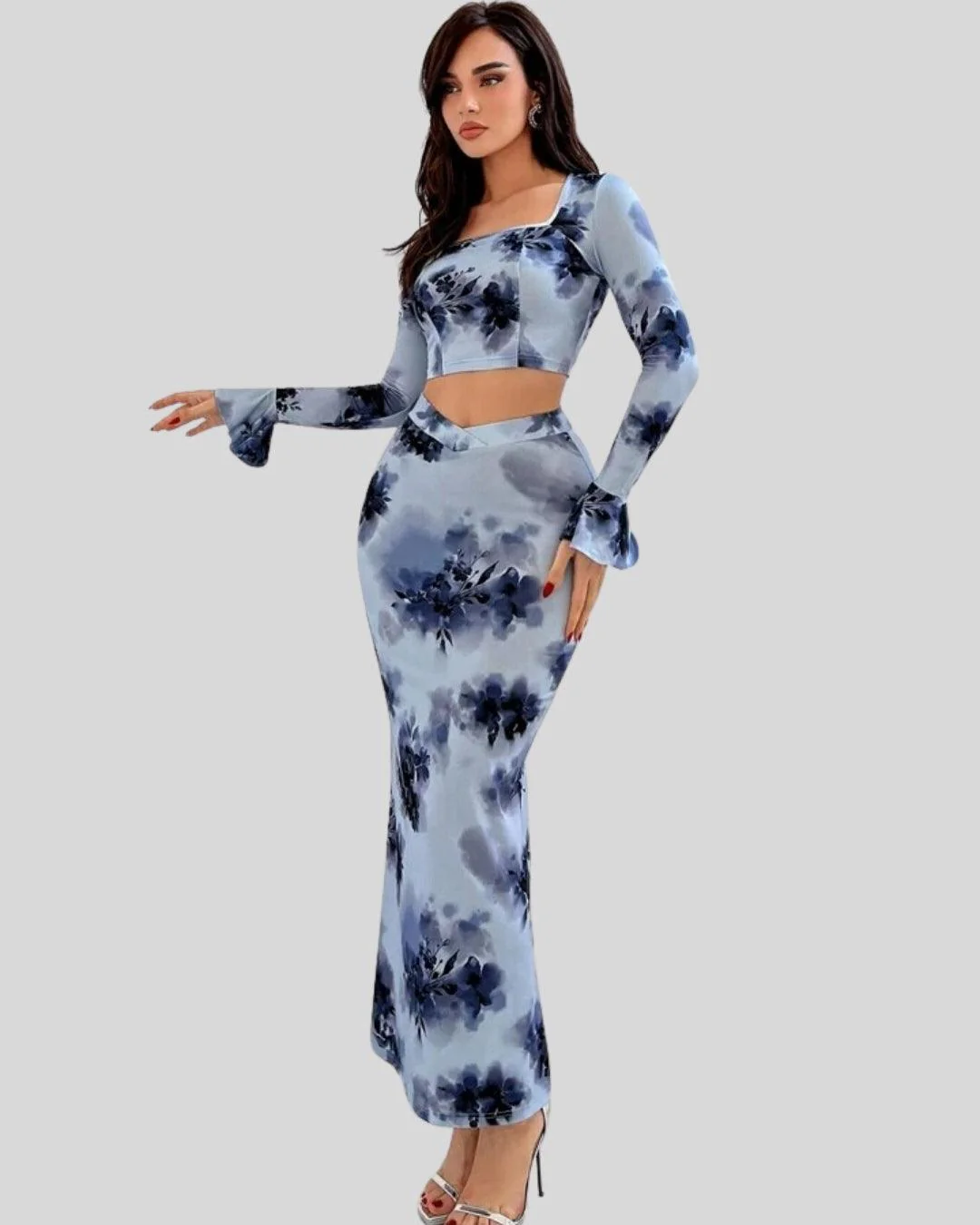 Square Neck Floral Print Top and Mermaid Skirt - Image 3