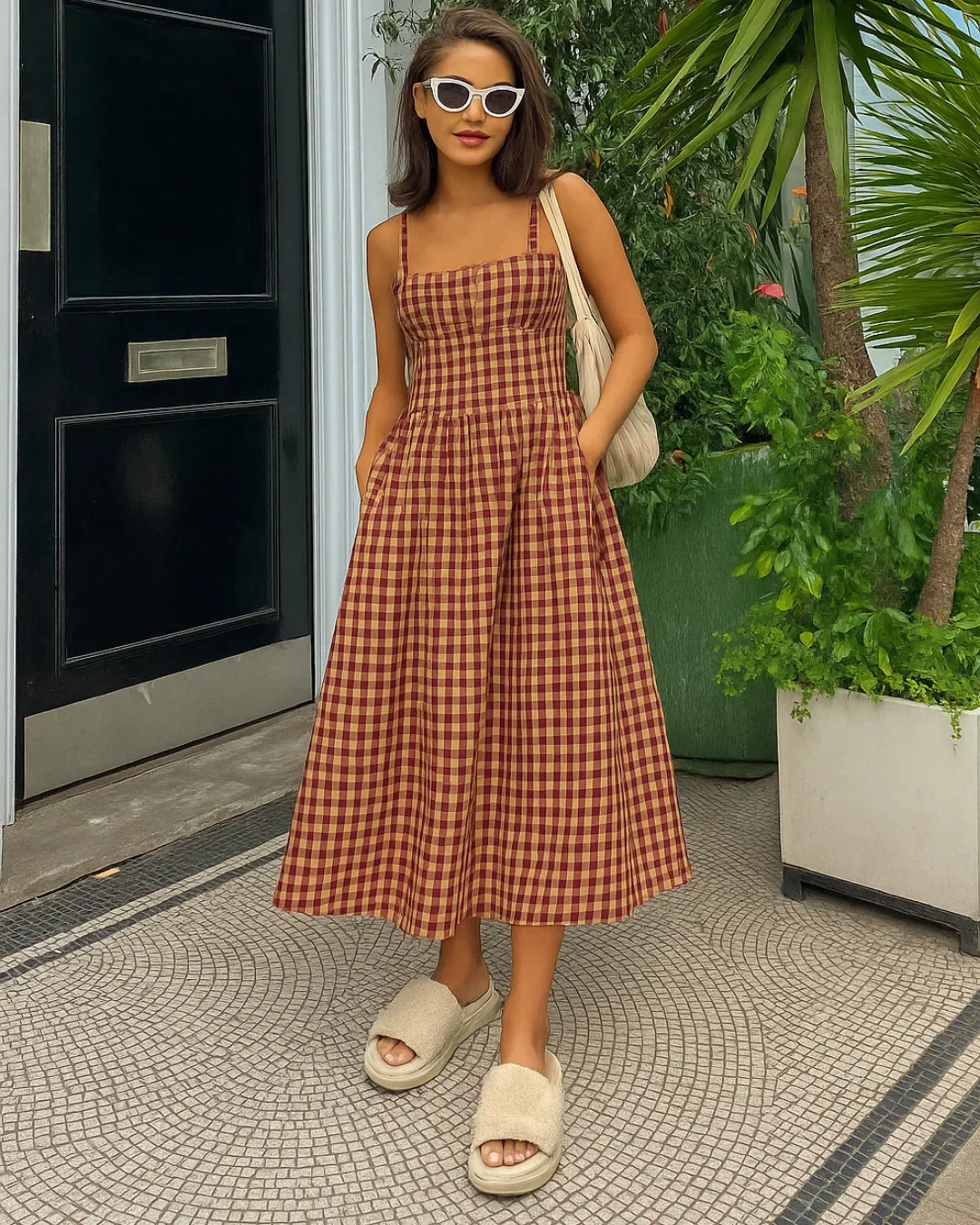 Square Neck Gingham Maxi Dress In Red - Image 2