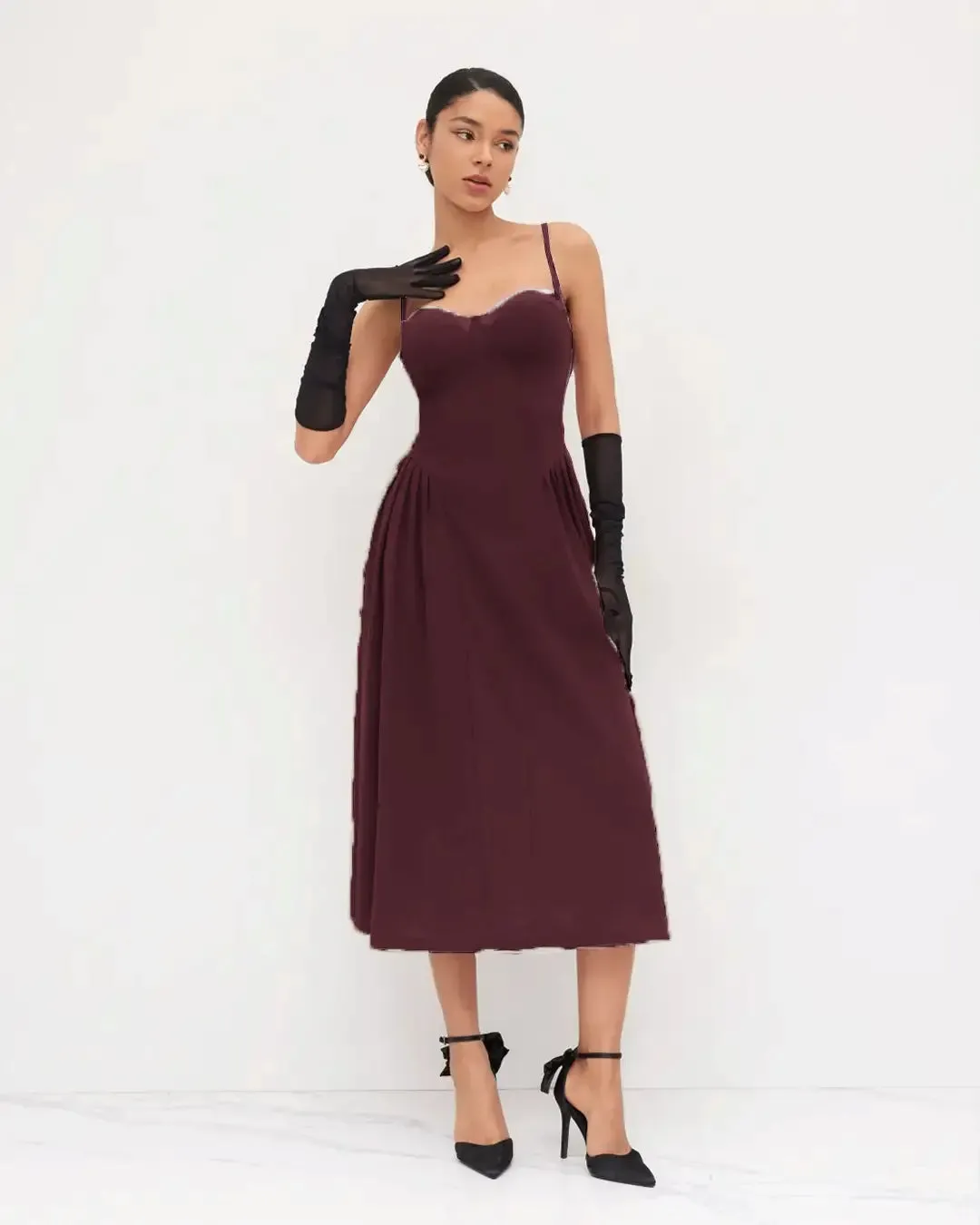 Square Neck Lace Trim Ruffle Maroon Maxi Dress - Image 2