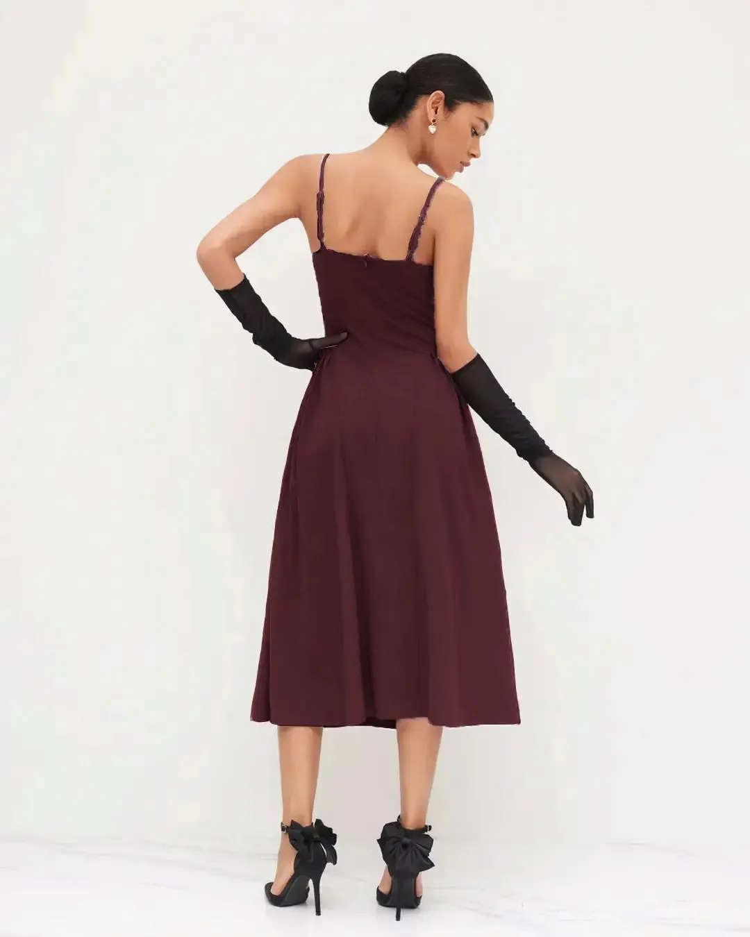 Square Neck Lace Trim Ruffle Maroon Maxi Dress - Image 4