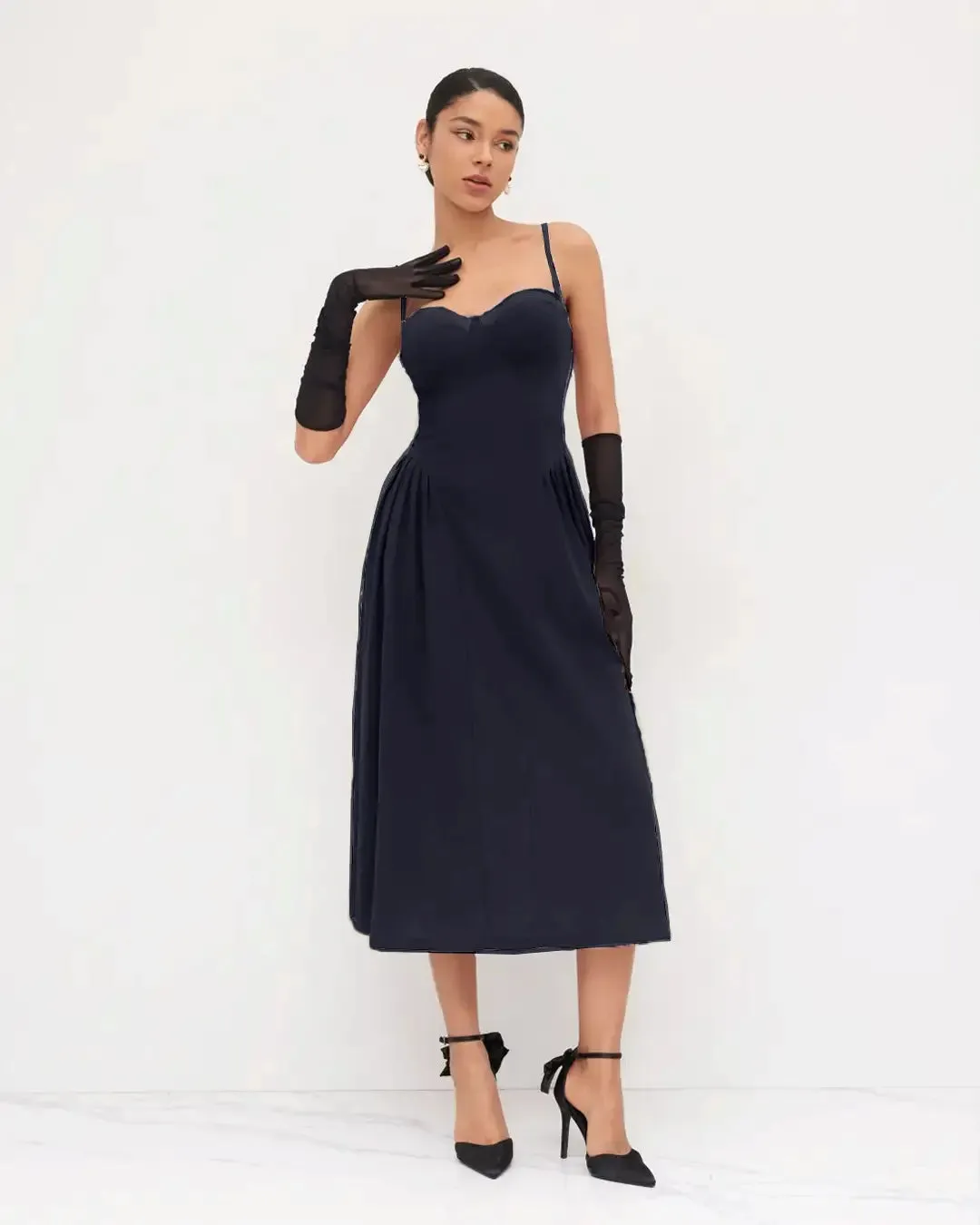 Square Neck Lace Trim Ruffle Navy Blue Maxi Dress - Image 3