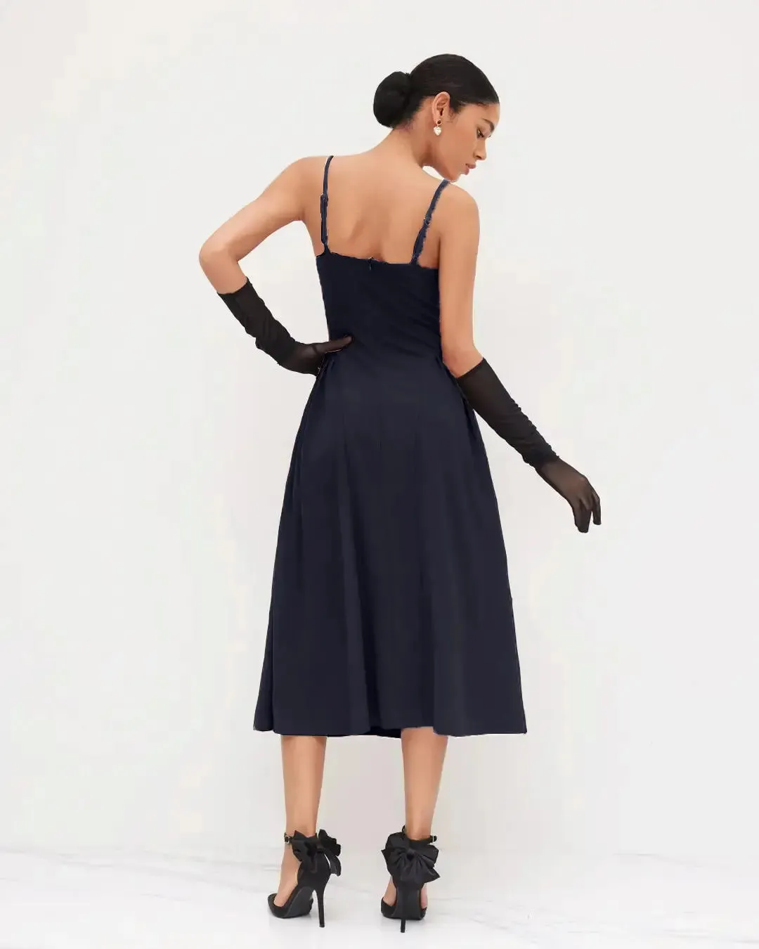 Square Neck Lace Trim Ruffle Navy Blue Maxi Dress - Image 4