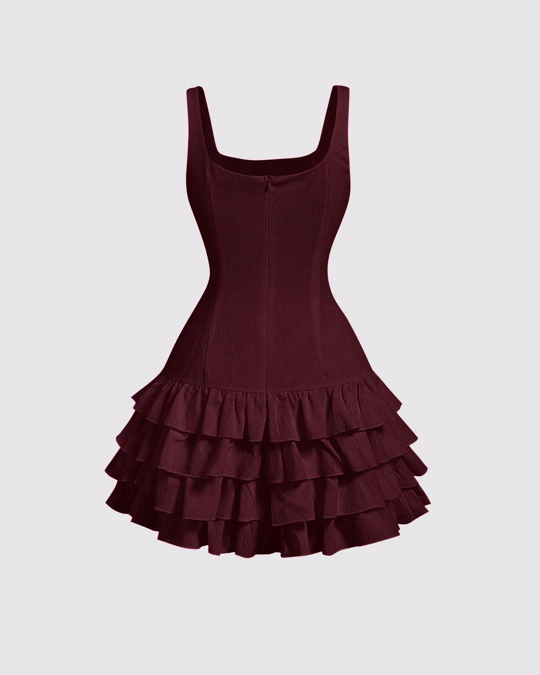 Square Neck Layered Cake Dress In Cherry Red - Image 2