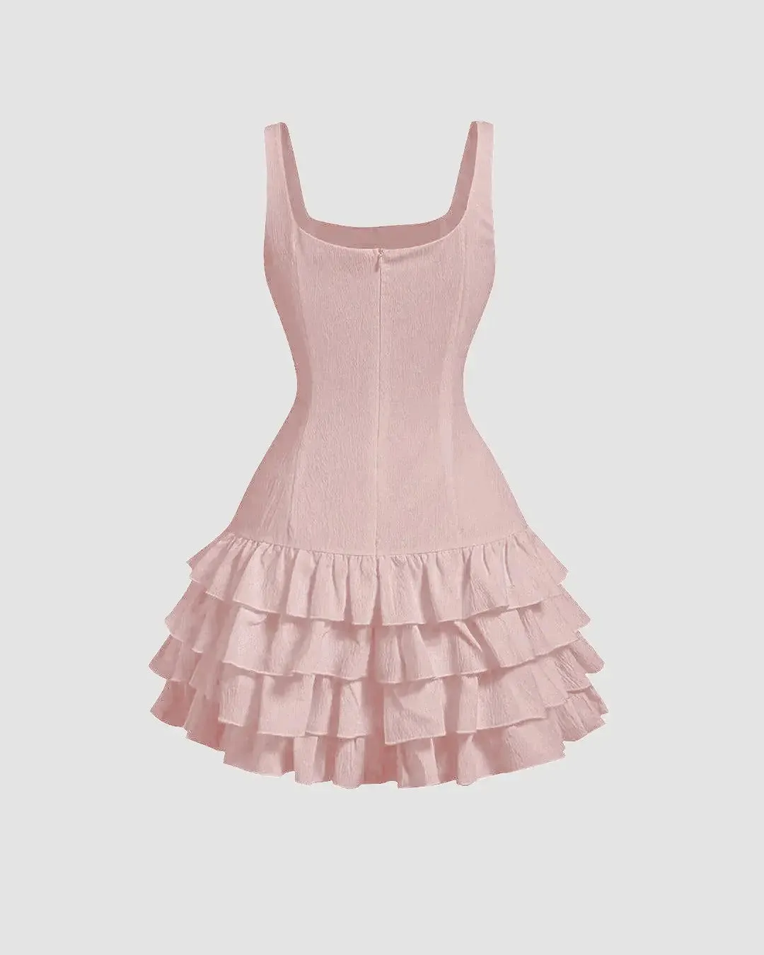 Square Neck Layered Cake Dress In Powder Pink - Image 2