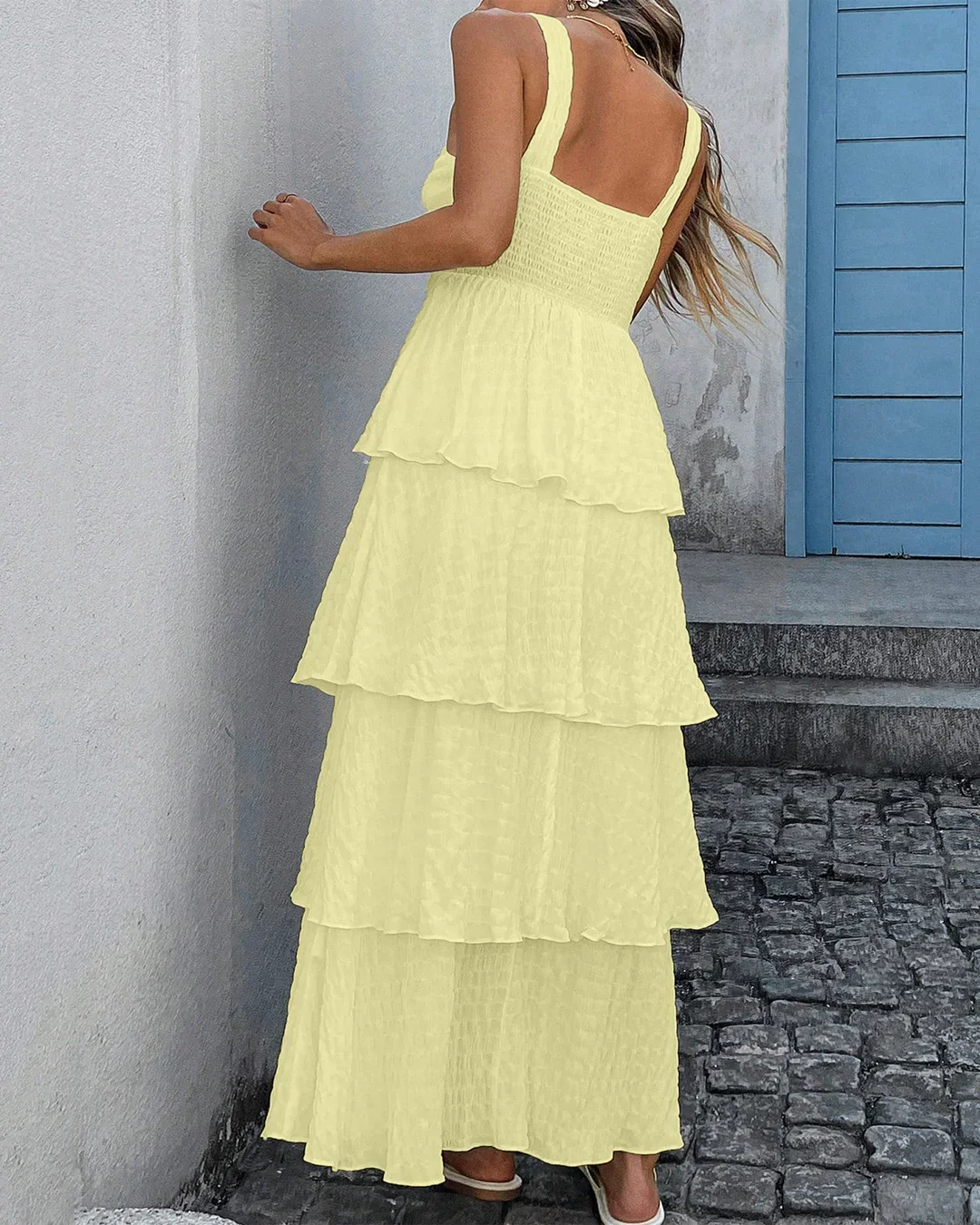 Square Neck Layered Ruffle Sleeveless Maxi Dress in French Vanilla - Image 3