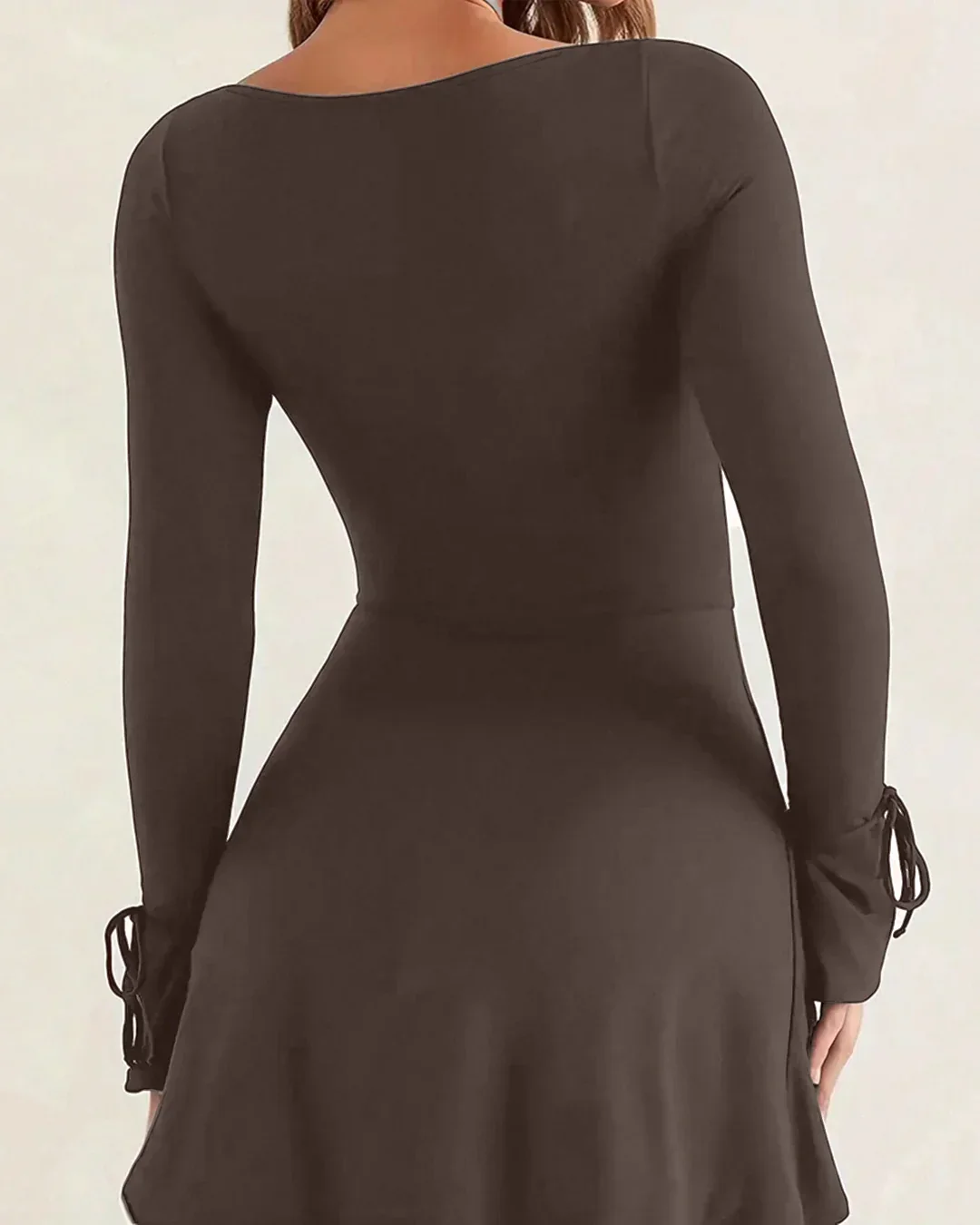 Square Neck Long Sleeve Tie-Slit Bodycon Mini Dress in Brown - Image 3