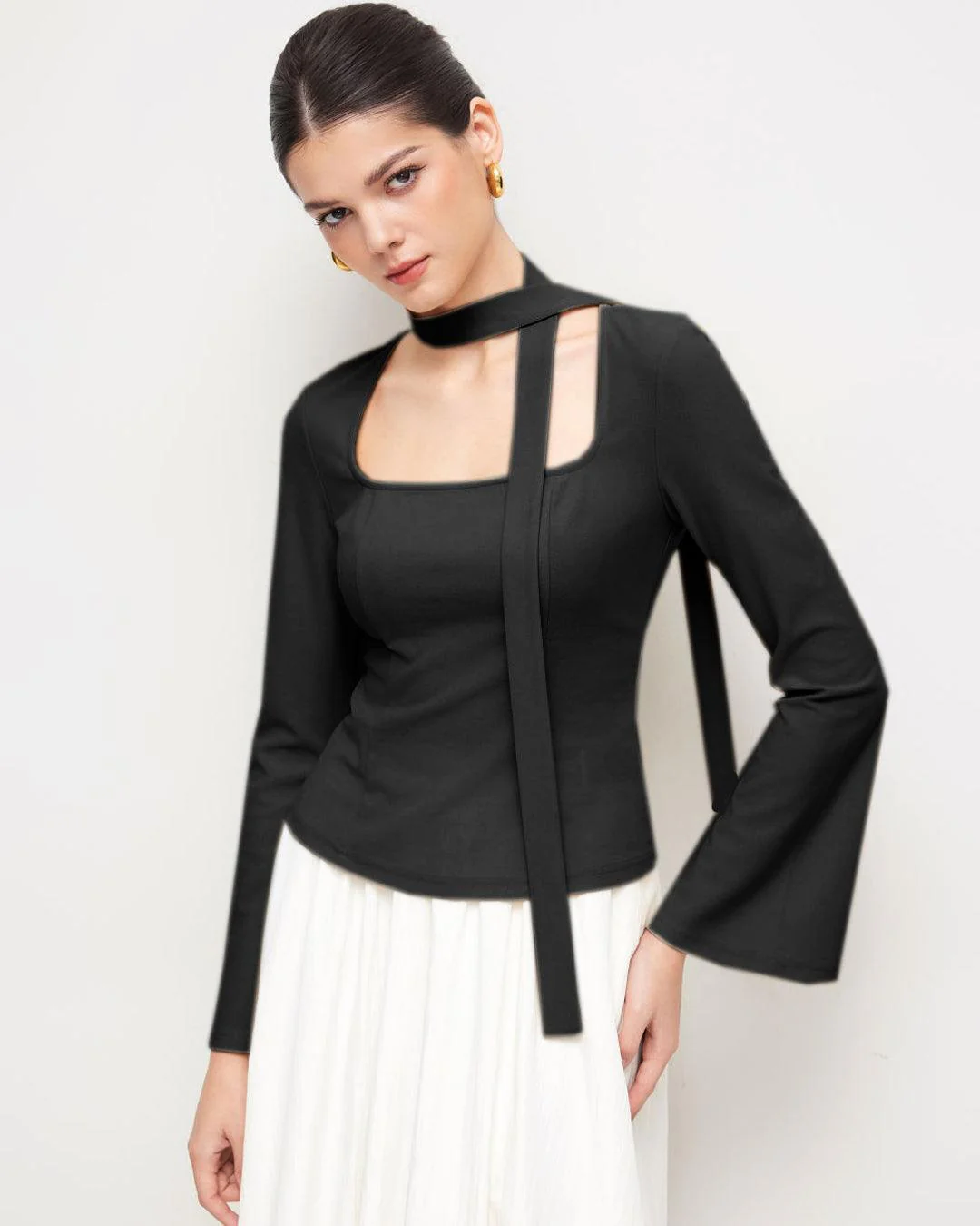 Square Neck Long Sleeve Top With Scarf In Black - Image 3