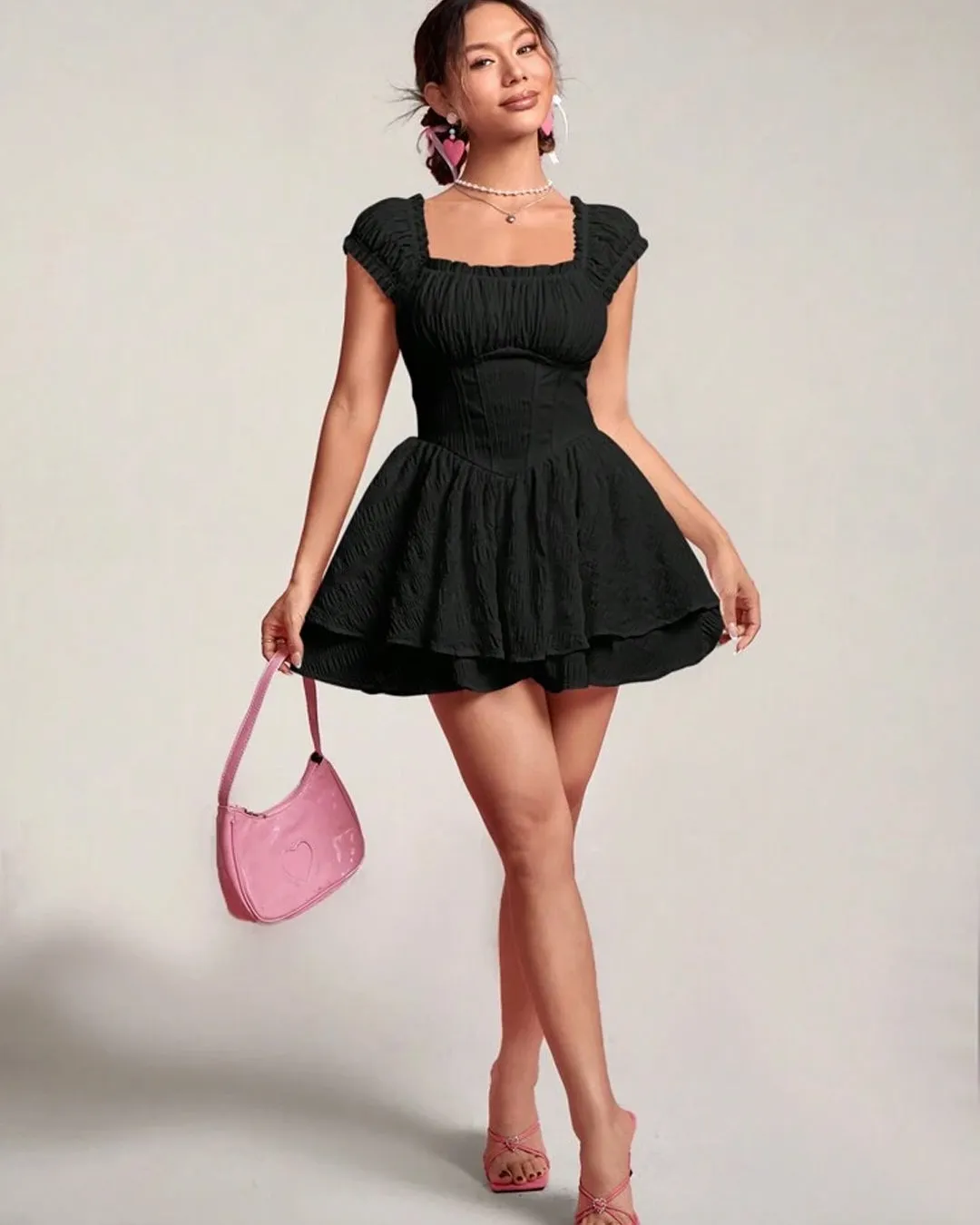 Square Neck On and Off Shoulder Double Layer Short Sleeve Dress In Black - Image 2