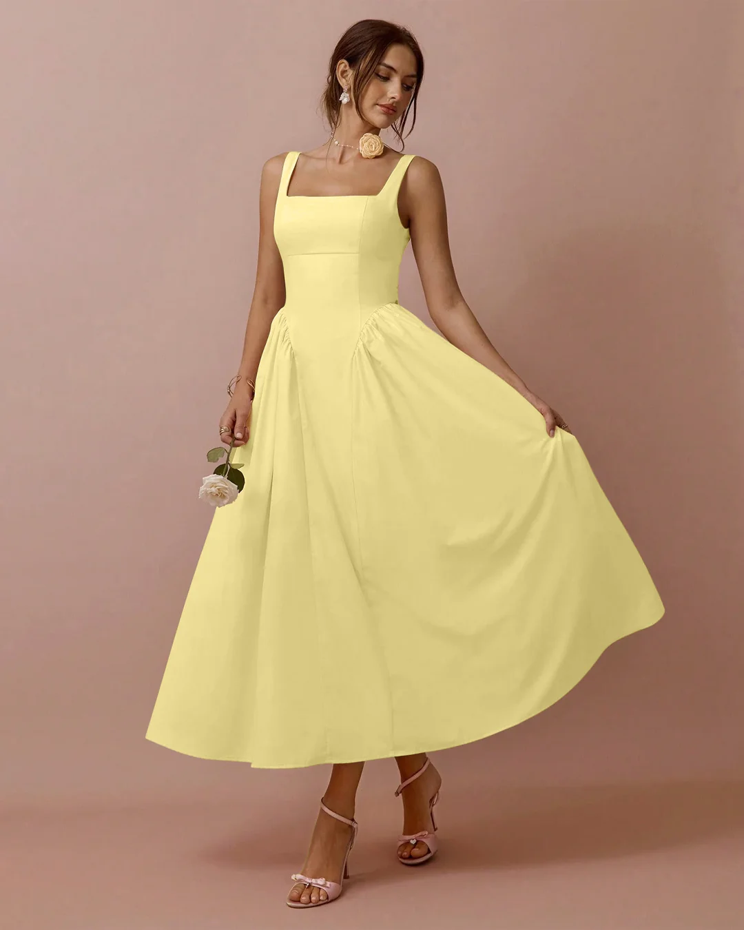 Square Neck Pleated Sleeveless V Waist Dress in Vanilla - Image 3