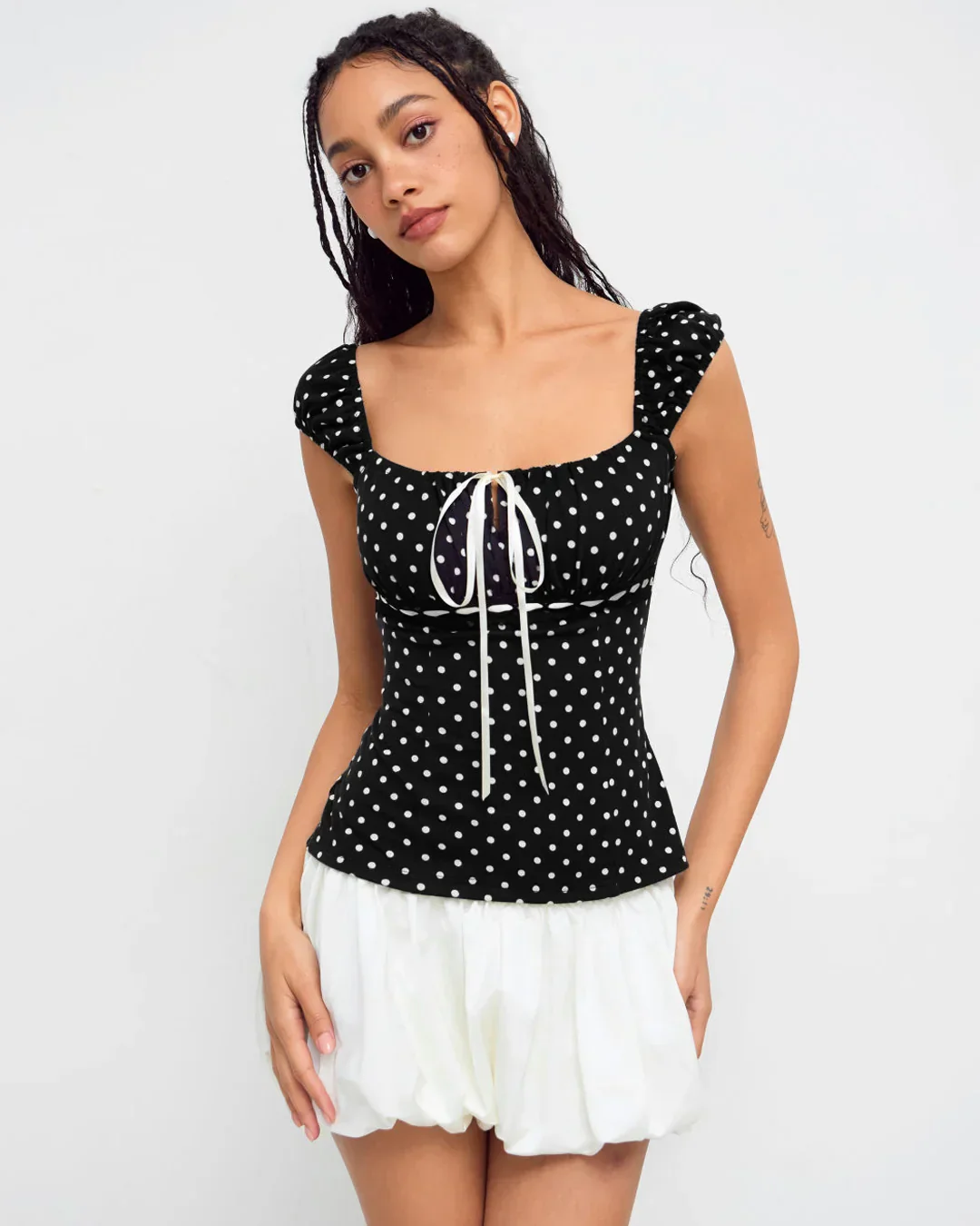 Square Neck Polka Dot Knotted Short Sleeve Top - Image 3