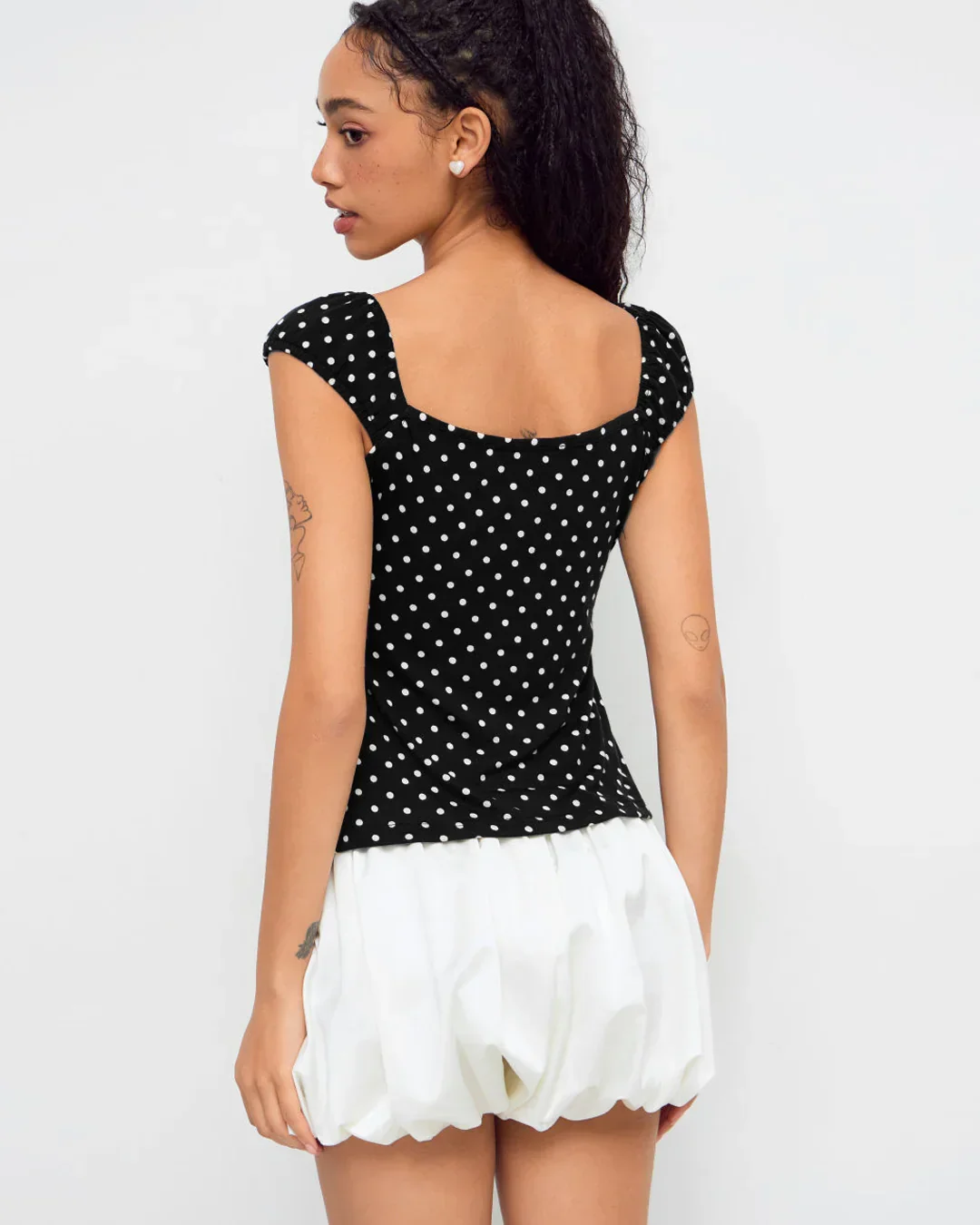 Square Neck Polka Dot Knotted Short Sleeve Top - Image 4