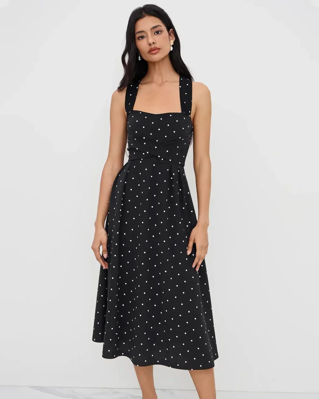 Square Neck Polka Dot Ruffle Criss Cross Maxi Dress - Image 3