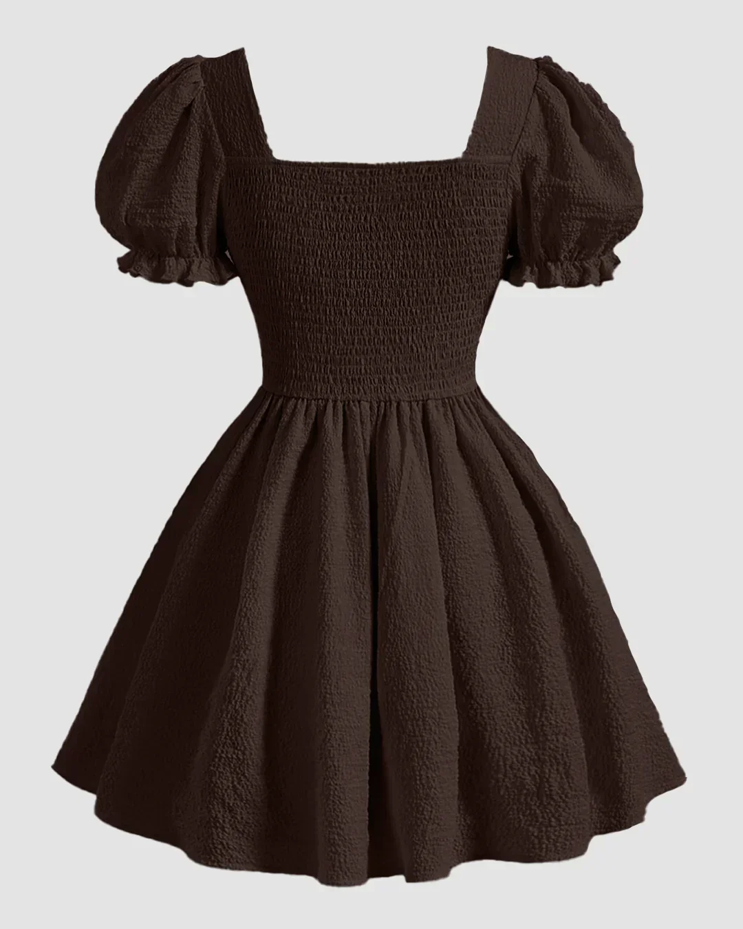 Square Neck Puff Sleeve A-Line Mini Dress in Chocolate Fondue - Image 2