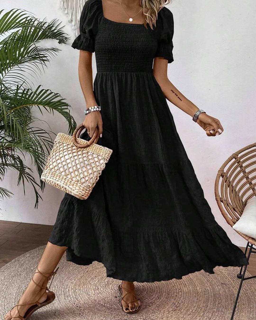 Square Neck Puff Sleeve A-line Puff Sleeve Long Black Dress - Image 2