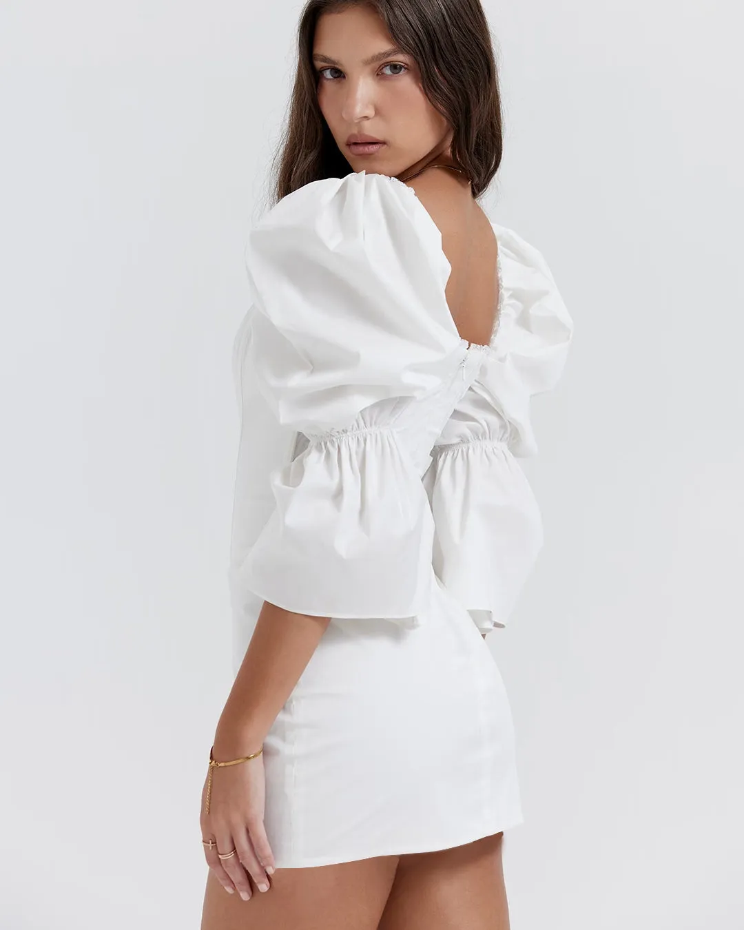 Square Neck Puff Sleeve Corset White Dress - Image 2
