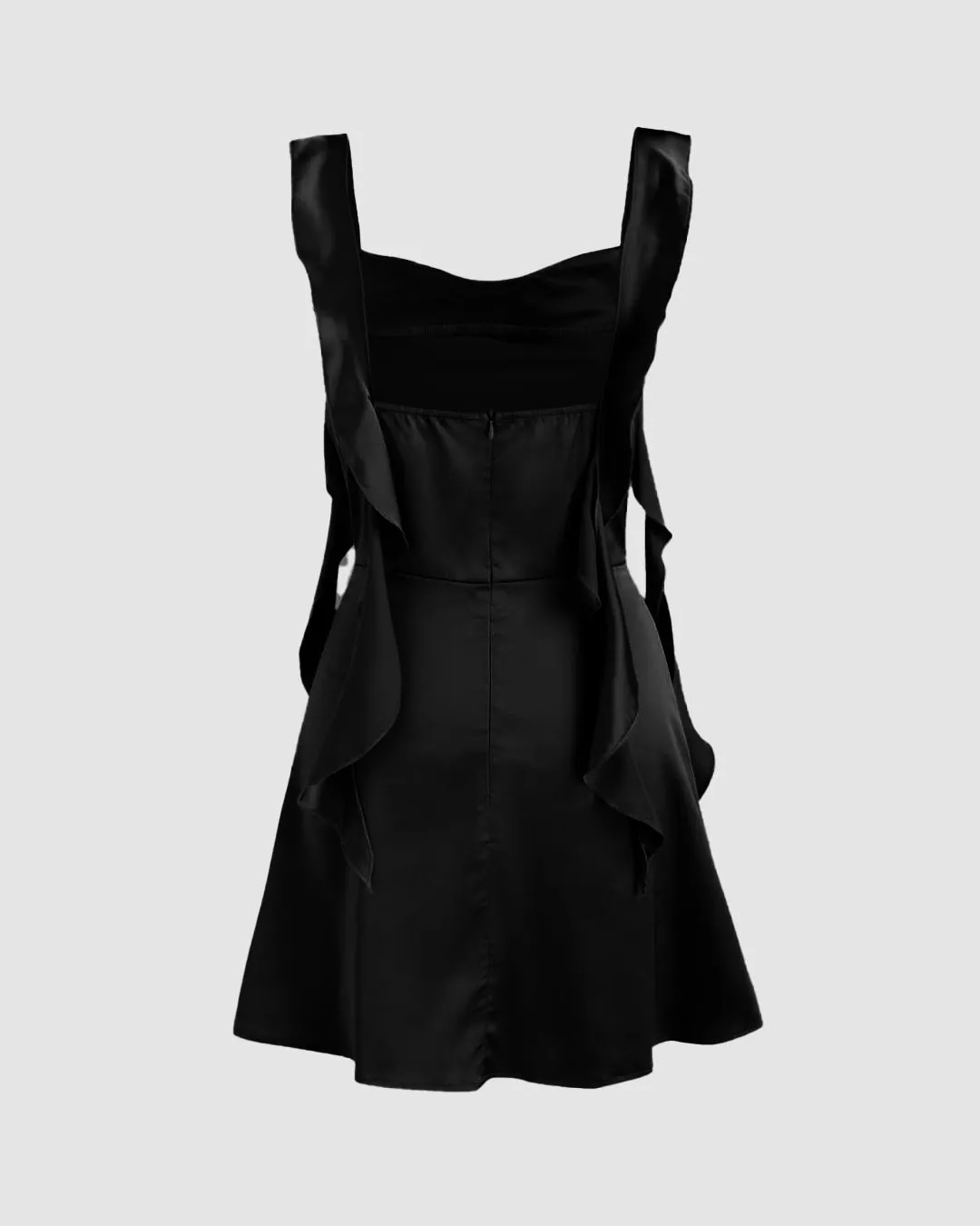 Square Neck Ruched Ruffle Black Mini Dress - Image 2