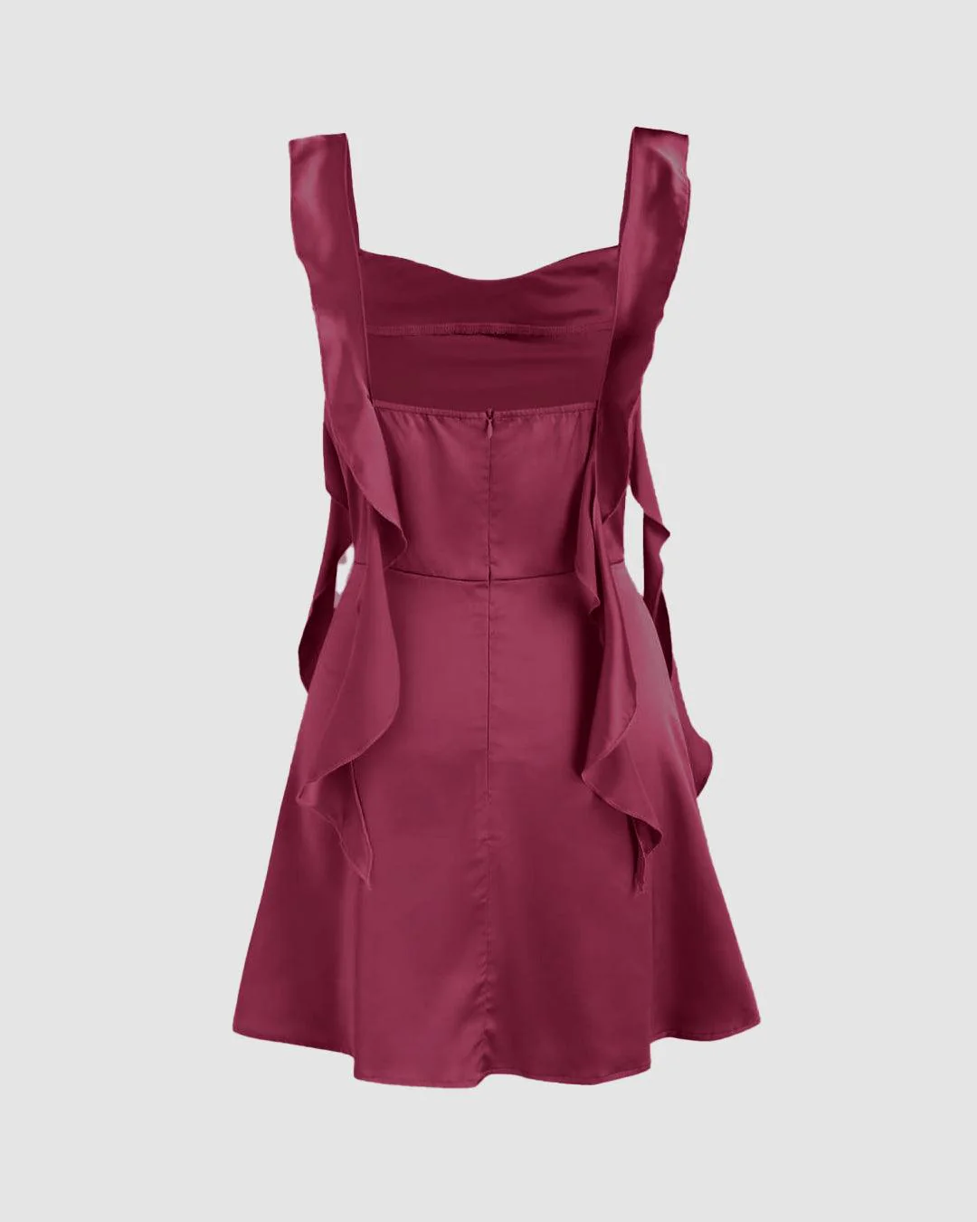 Square Neck Ruched Ruffle Rose Red Mini Dress - Image 2