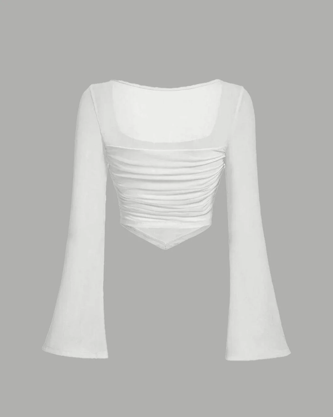 Square Neck Ruched See-Through Bell Sleeves Top In White - Image 2