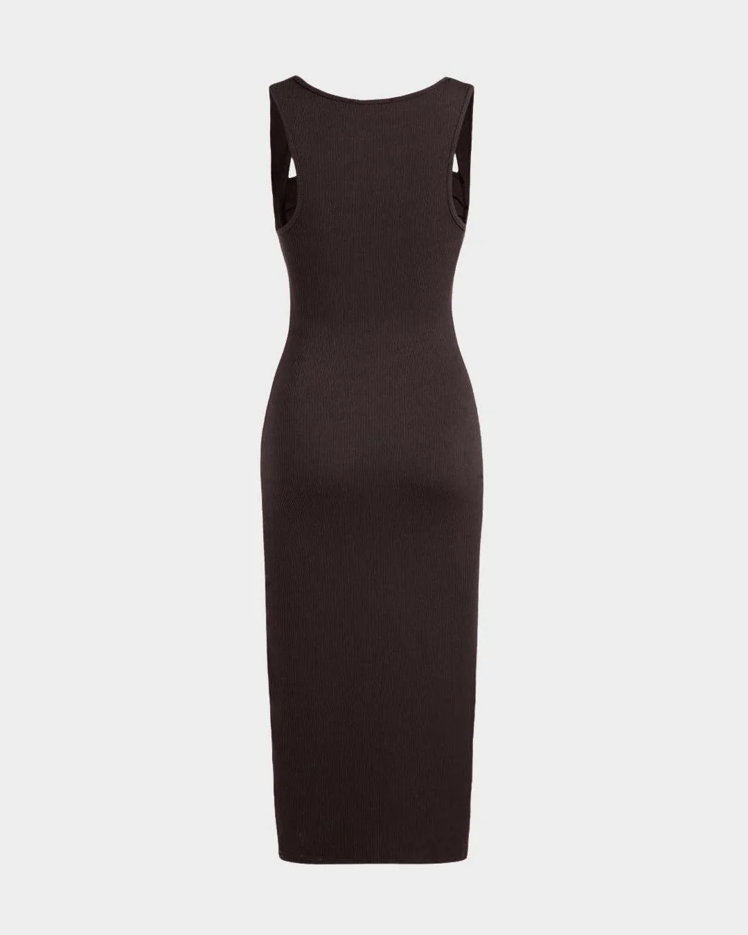 Square Neck Ruched Sleeveless Midi Dress In Dark Brown - Image 2