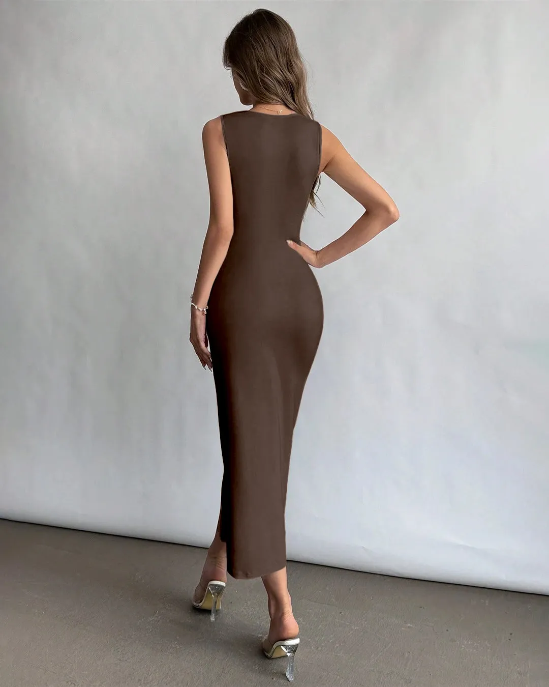 Square Neck Ruched Slit Midi Dress in Brown - Image 3