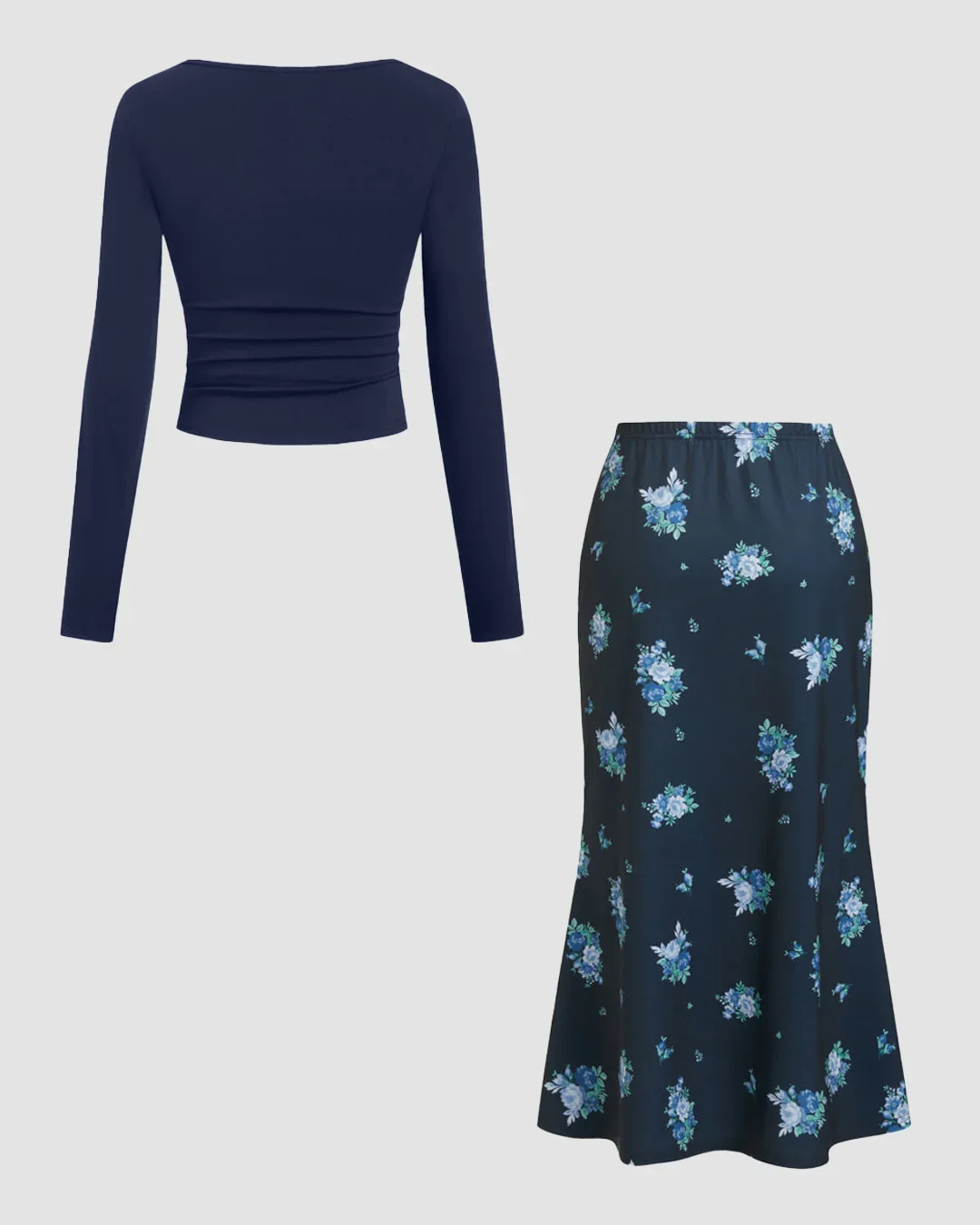 Square Neck Ruched Top & Floral Mermaid Maxi Skirt Set in Navy Blue - Image 2