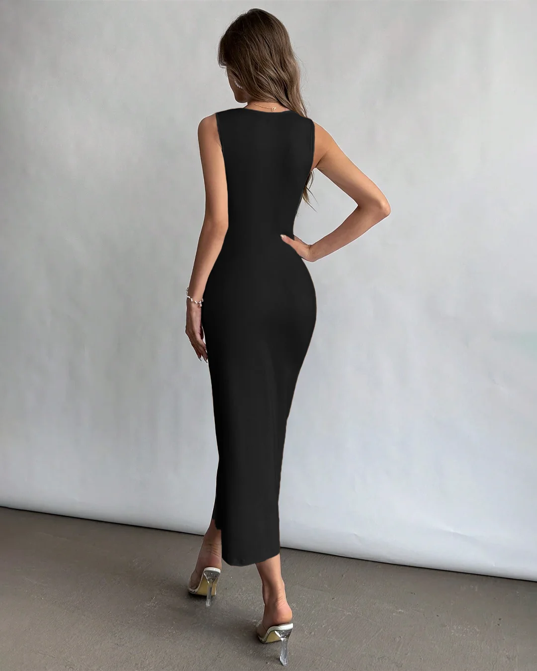Square Neck Ruched Waist Split Hem Dress in Black - Image 2