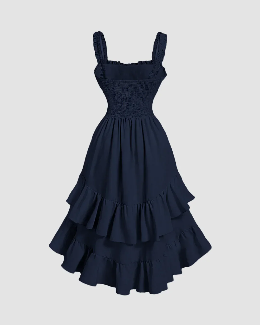 Square Neck Ruffle Hem High Low Midi Dress in Navy Blue - Image 2