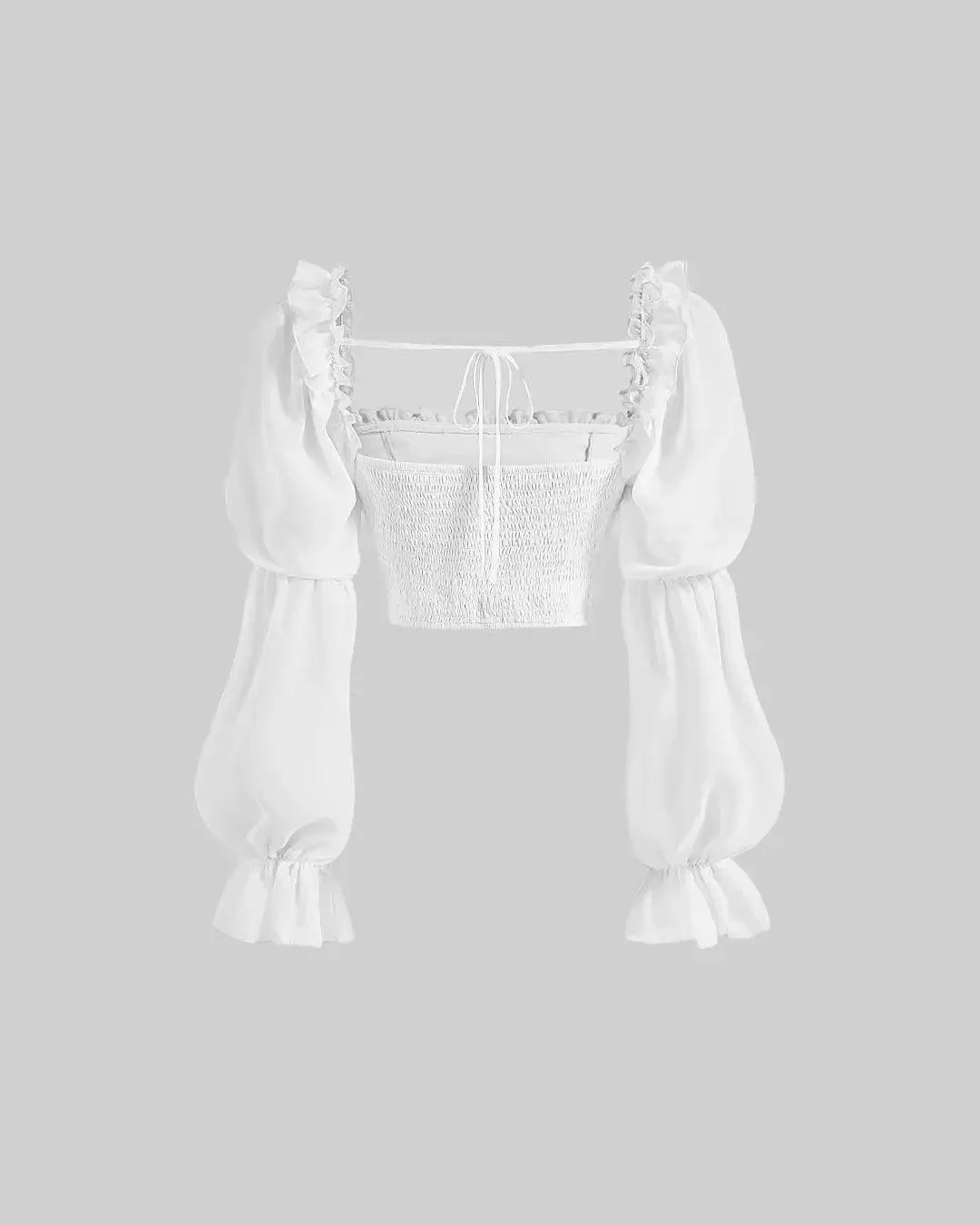 Square Neck Ruffle Trim Long Sleeve Top In White - Image 2