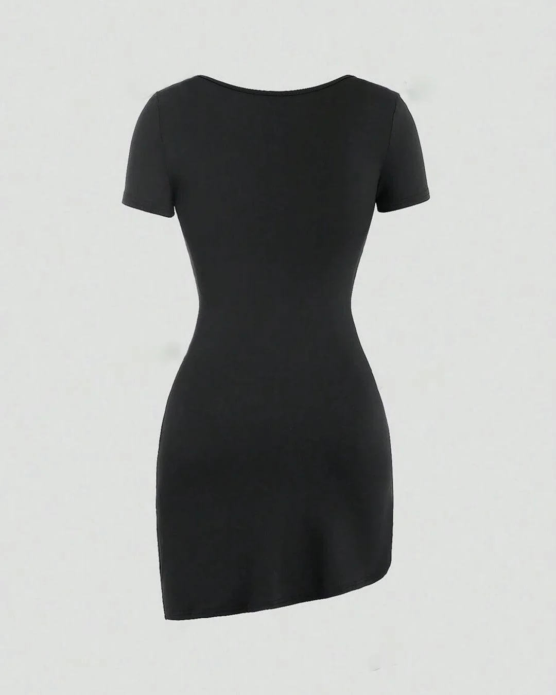 Square Neck Short Sleeve Ruched Black Dress - Image 2