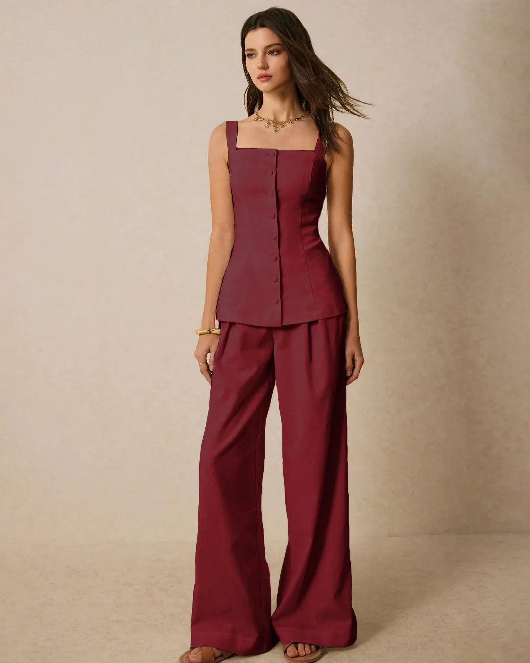 Square Neck Sleeveless Co-ord Set With Front Buttons In Burgundy