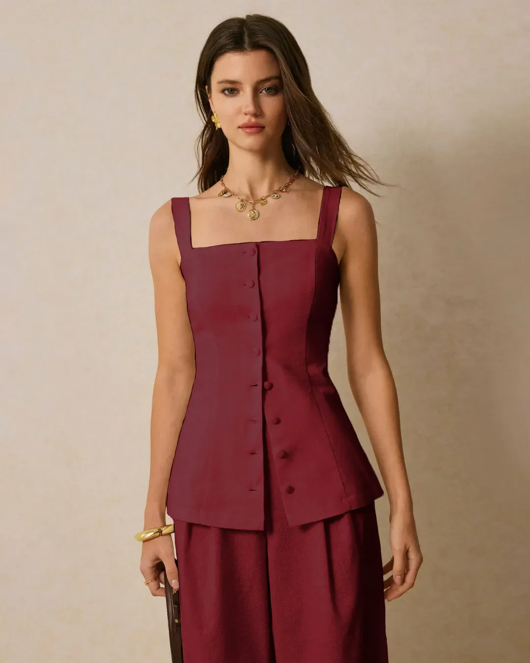 Square Neck Sleeveless Co-ord Set With Front Buttons In Burgundy - Image 2