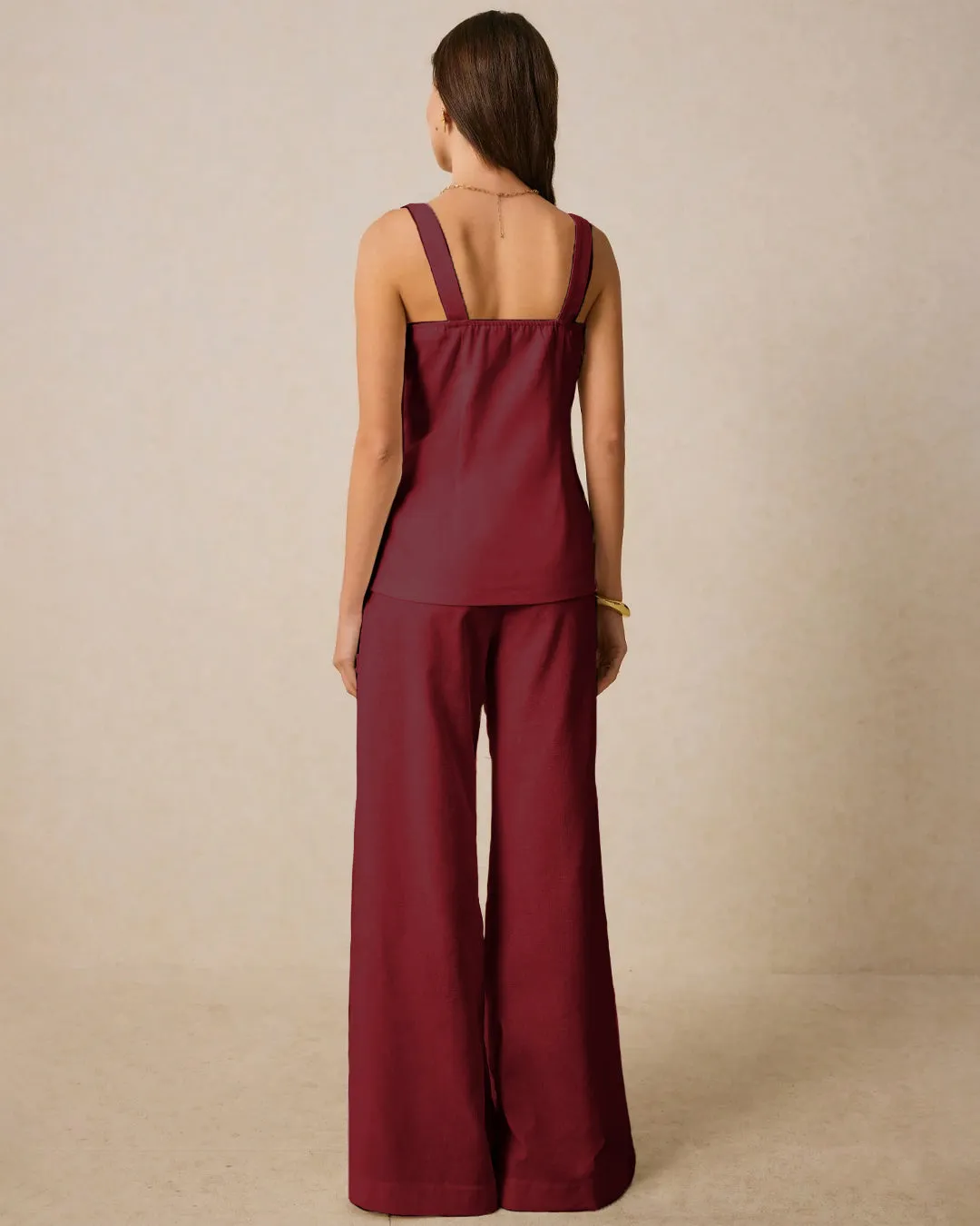 Square Neck Sleeveless Co-ord Set With Front Buttons In Burgundy - Image 3