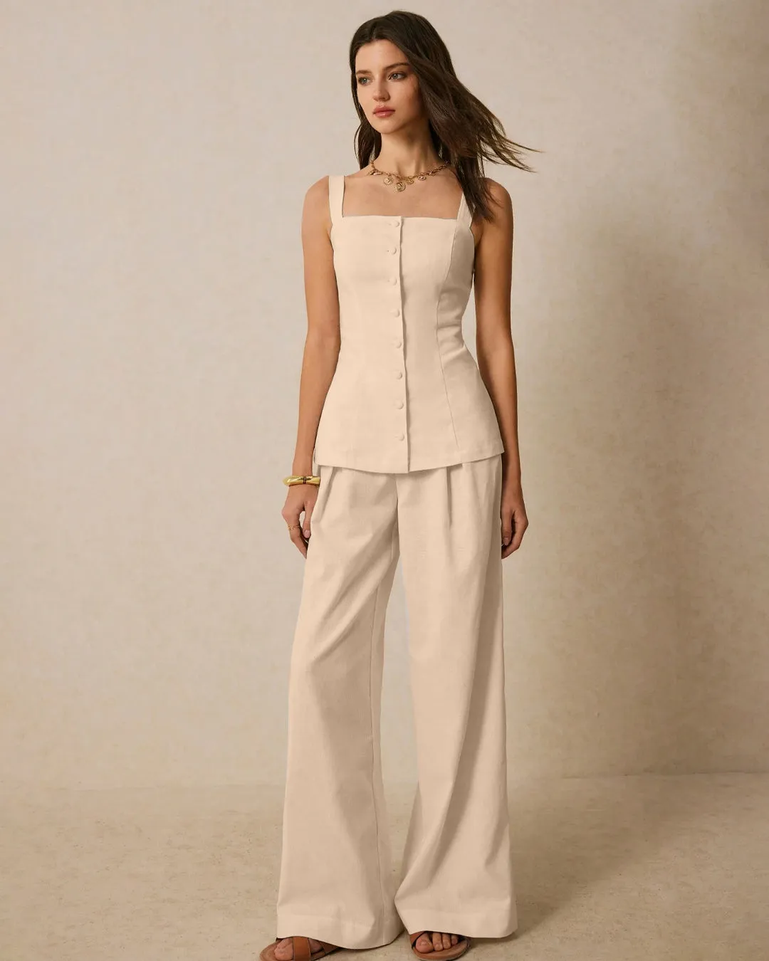 Square Neck Sleeveless Co-ord Set With Front Buttons In Light Khaki - Image 3