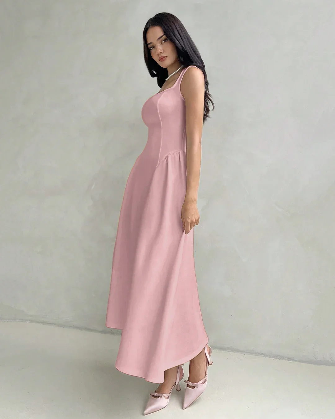 Square Neck Sleeveless Fit & Flare Midi Dress in Dusty Pink - Image 3