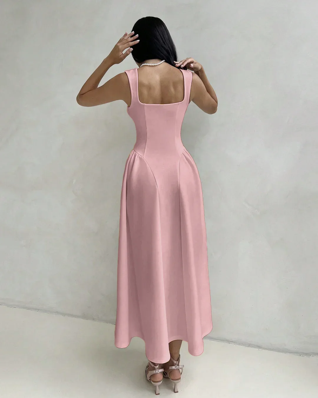 Square Neck Sleeveless Fit & Flare Midi Dress in Dusty Pink - Image 4