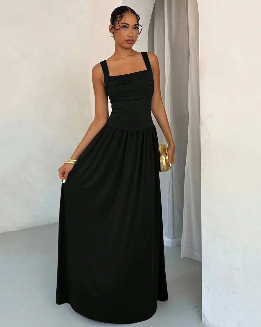 Square Neck Sleeveless Maxi Dress in Black - Image 2