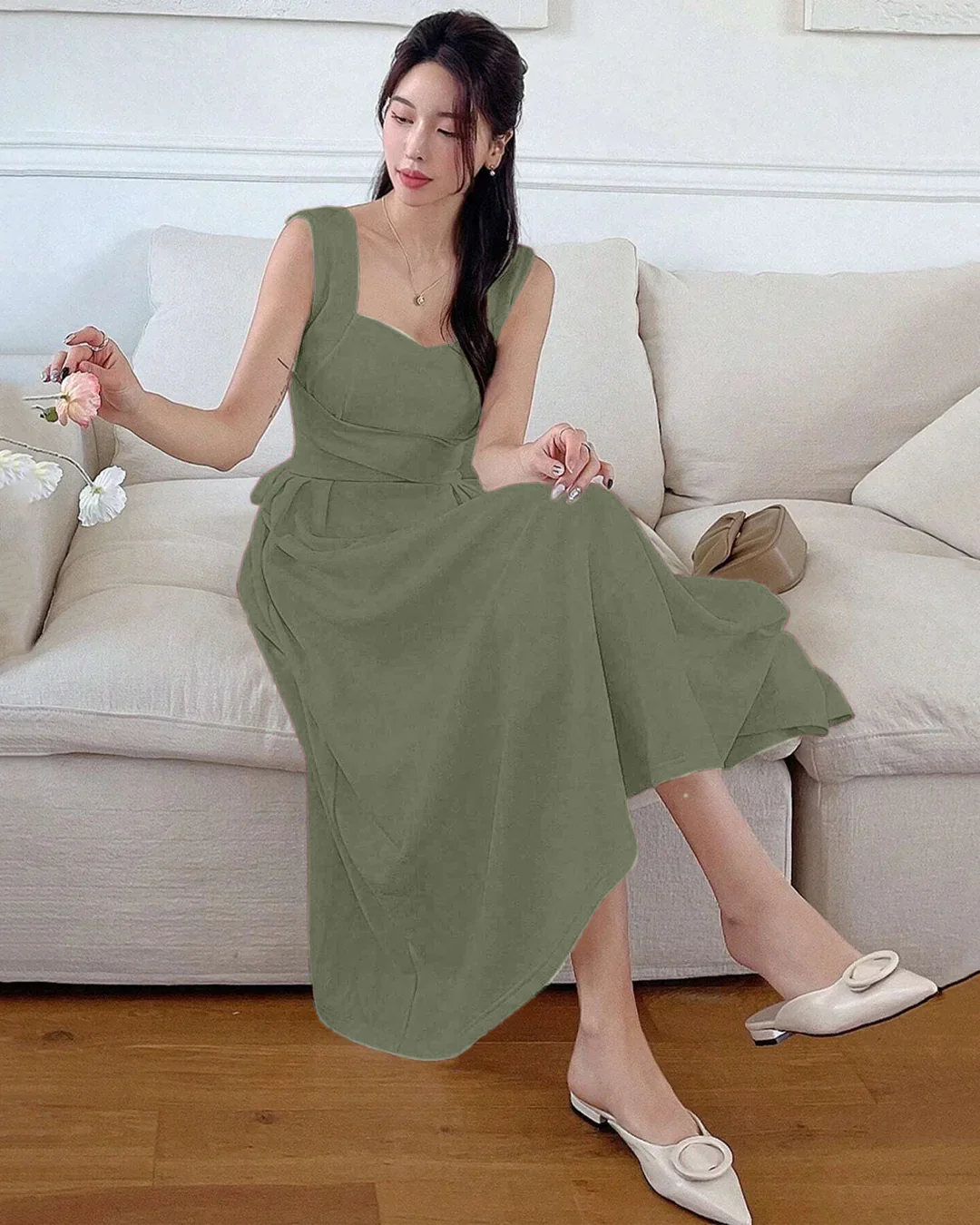 Square Neck Sleeveless Sundress Midi Dress in Green - Image 3