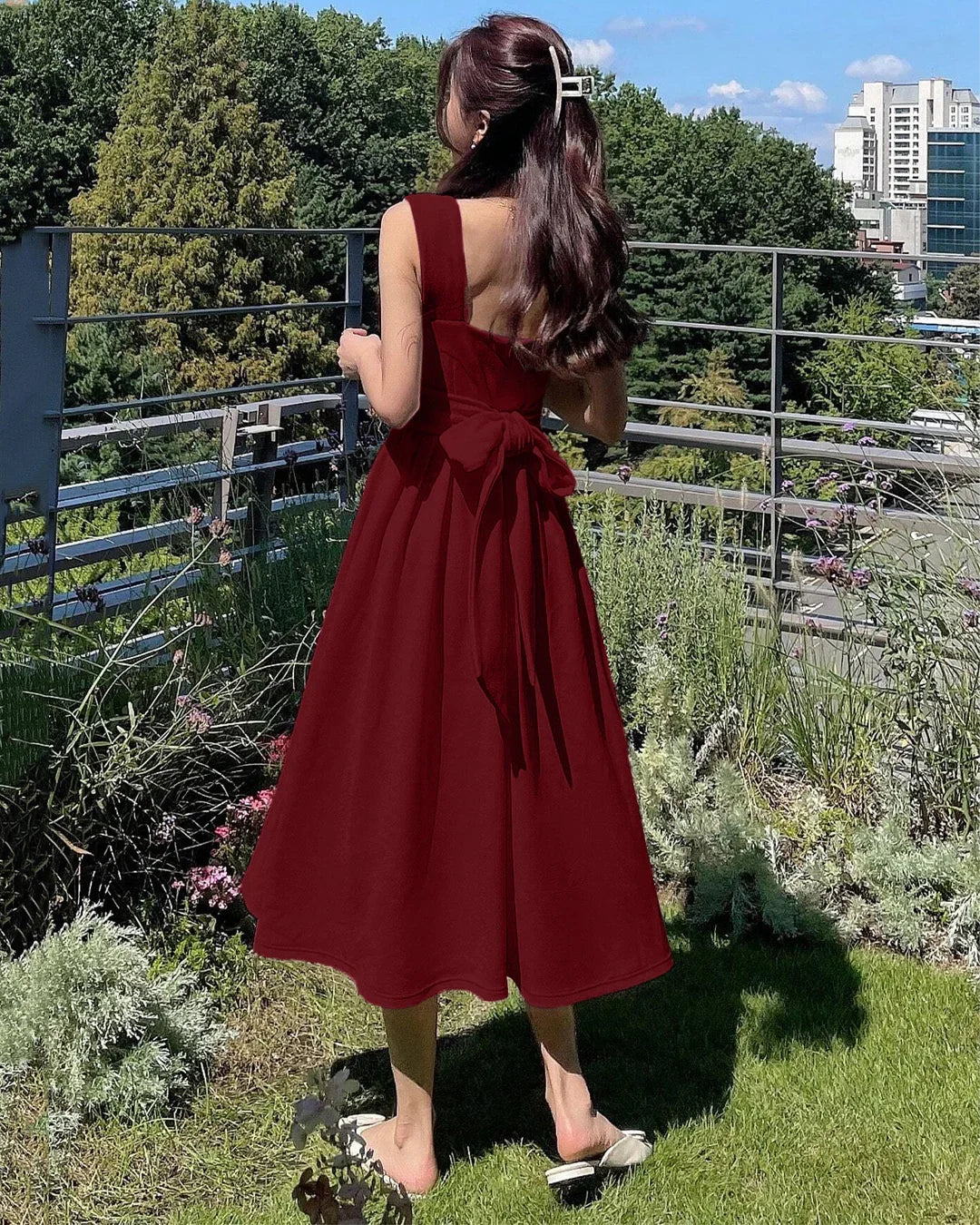 Square Neck Sleeveless Sundress Midi Dress in Maroon - Image 2