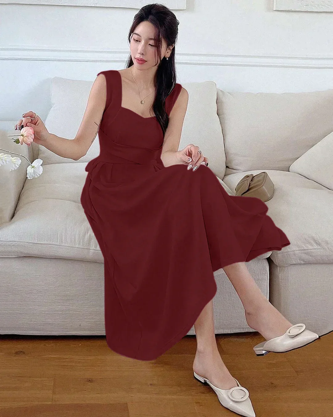 Square Neck Sleeveless Sundress Midi Dress in Maroon - Image 3