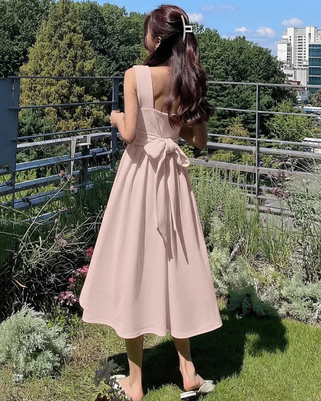 Square Neck Sleeveless Sundress Midi Dress in Powder Pink - Image 2