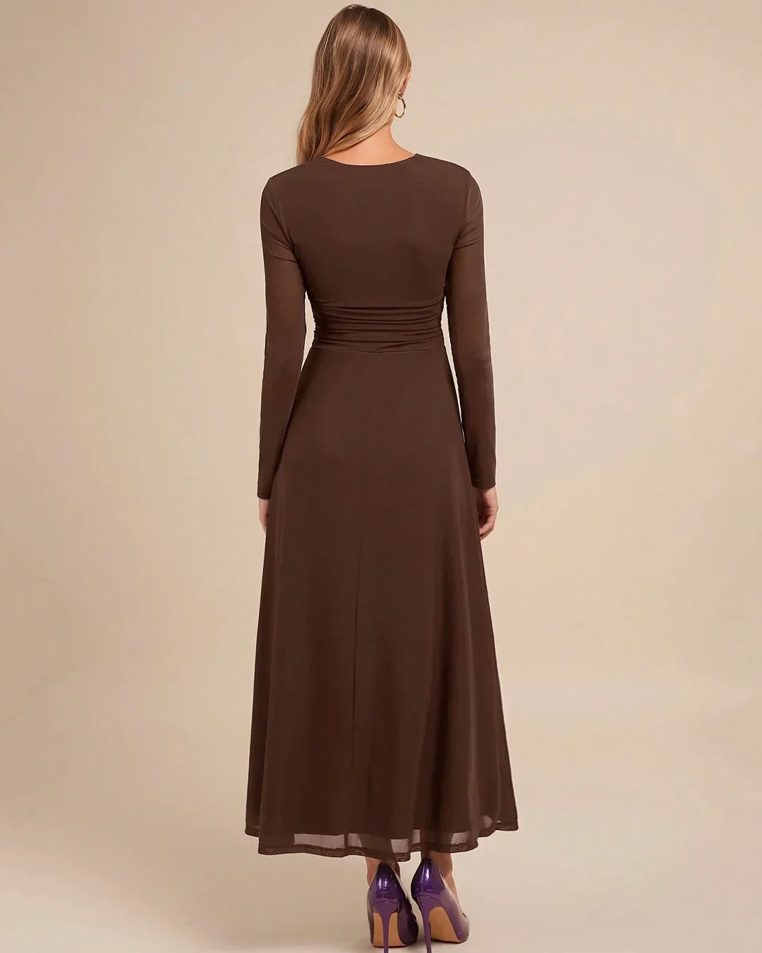 Square Neck Slim Fit Flared Hem Solid Long Sleeve Midi Dress - Image 2